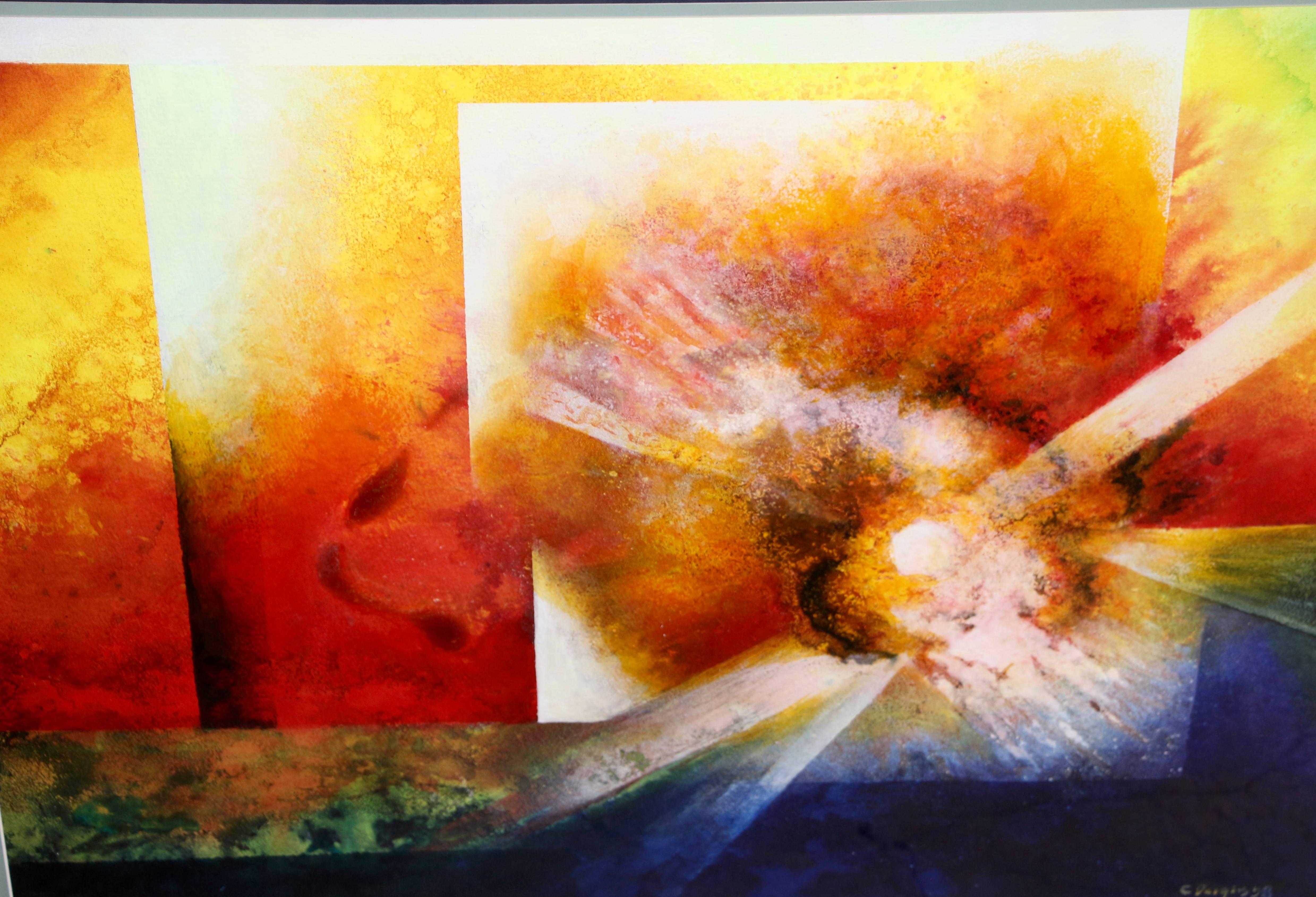 Mixed Media Sunburst Abstract by George Dergalis, 1998 In Good Condition In Palm Springs, CA