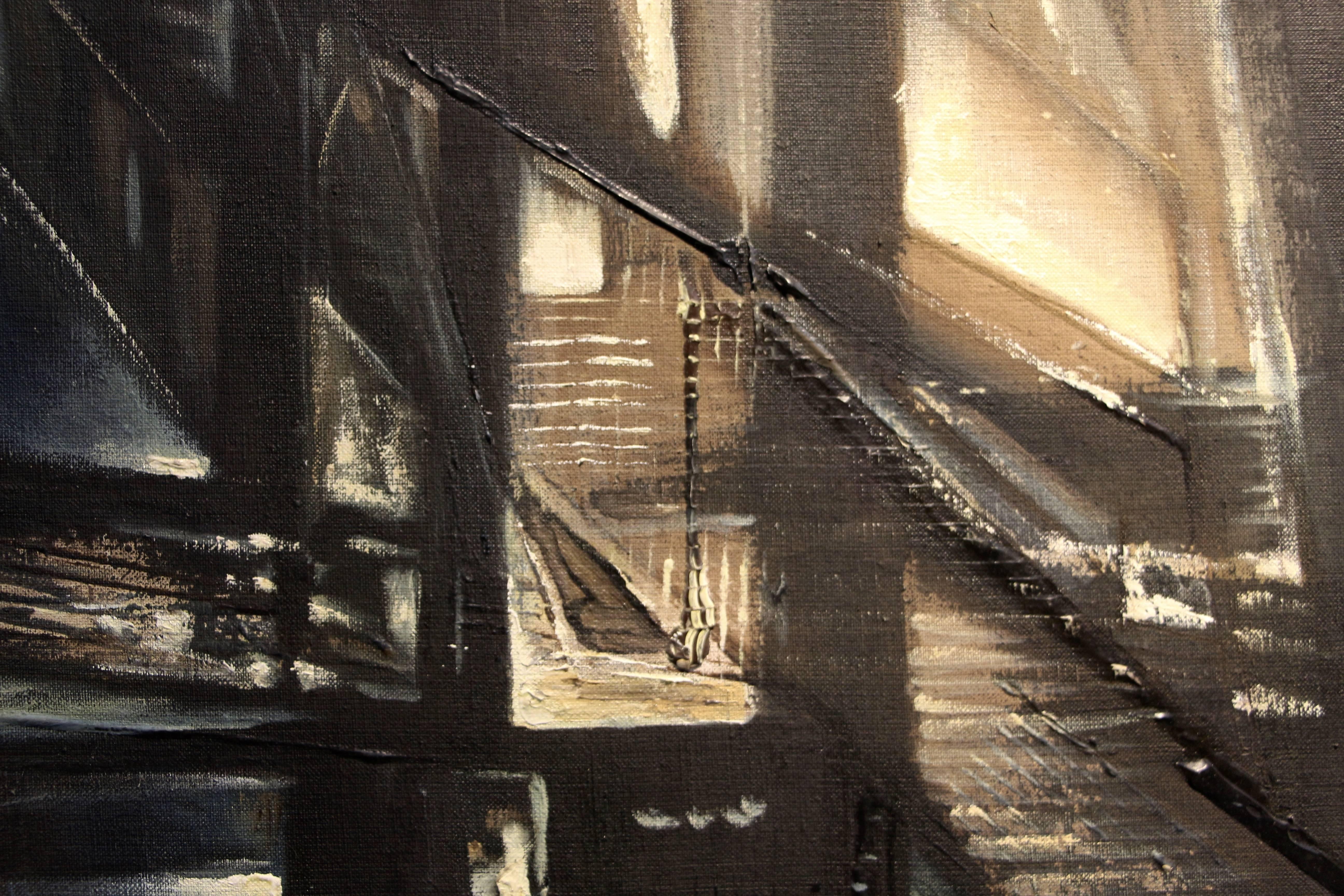 Late 20th Century George Dergalis Abstracted Cityscape Night Scene from 1974 For Sale