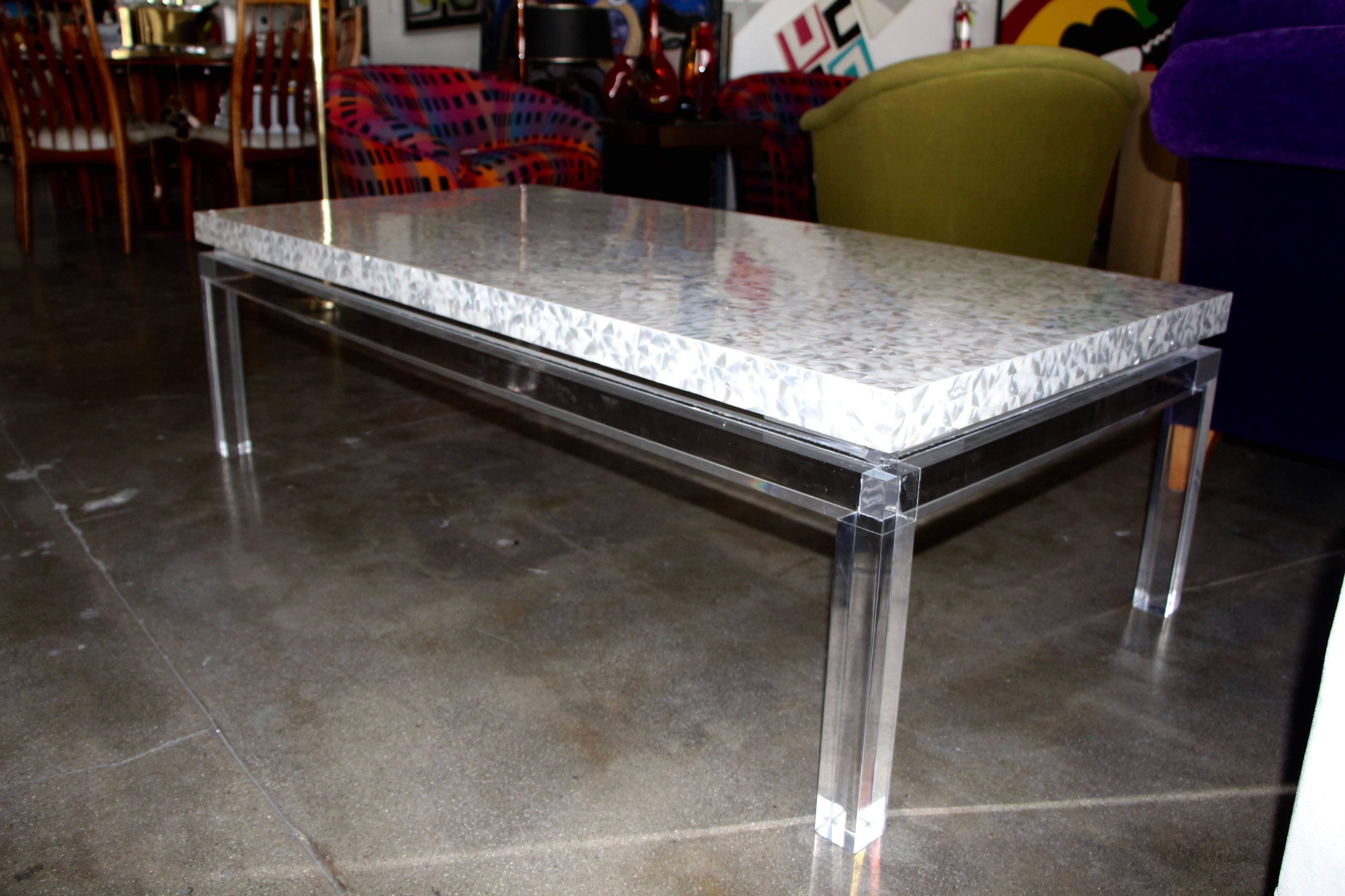 Hand-Crafted Lucite Mother of Pearl Coffee Table