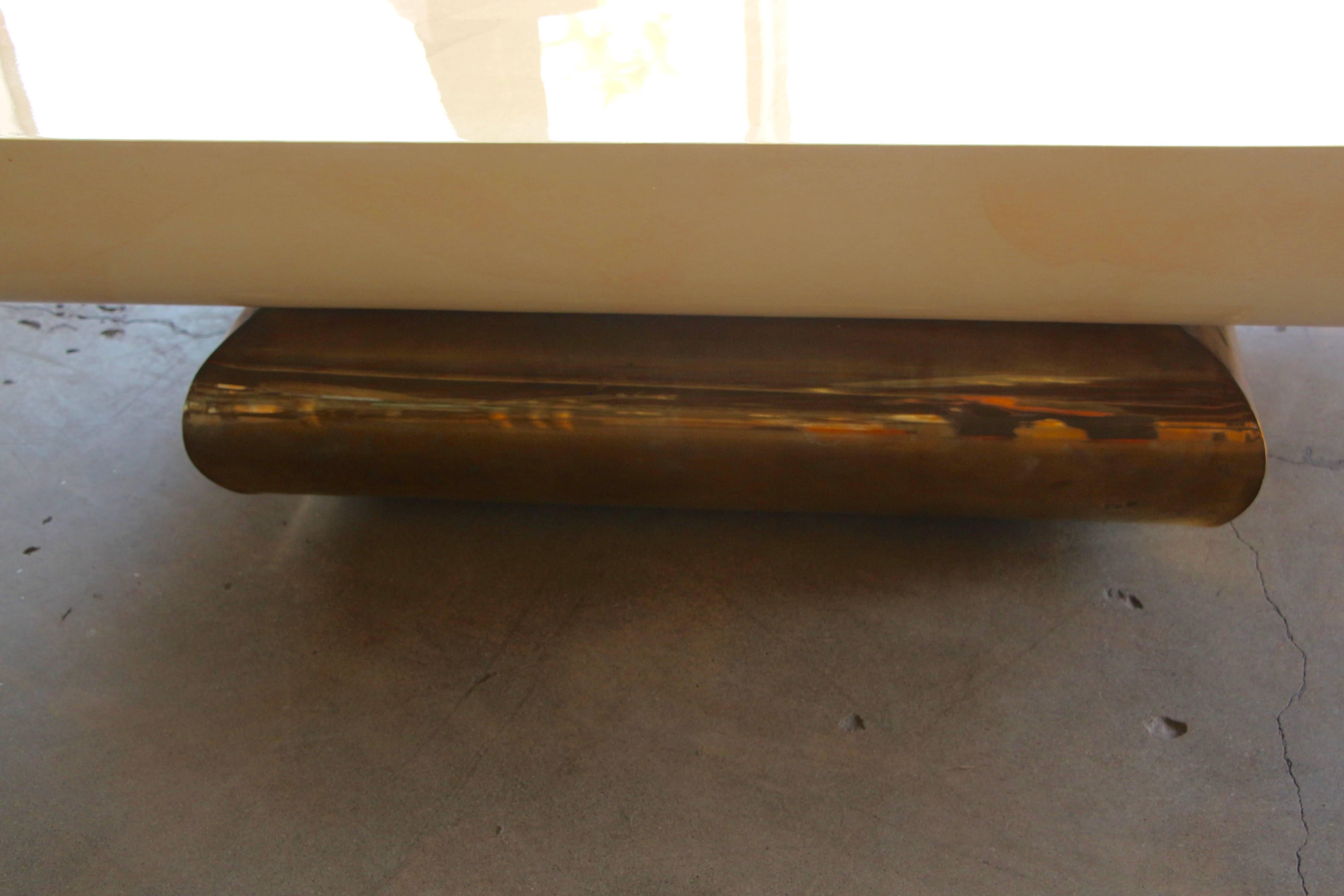 Spectacular Parchment Coffee Table with Brass Base In Good Condition In Palm Springs, CA