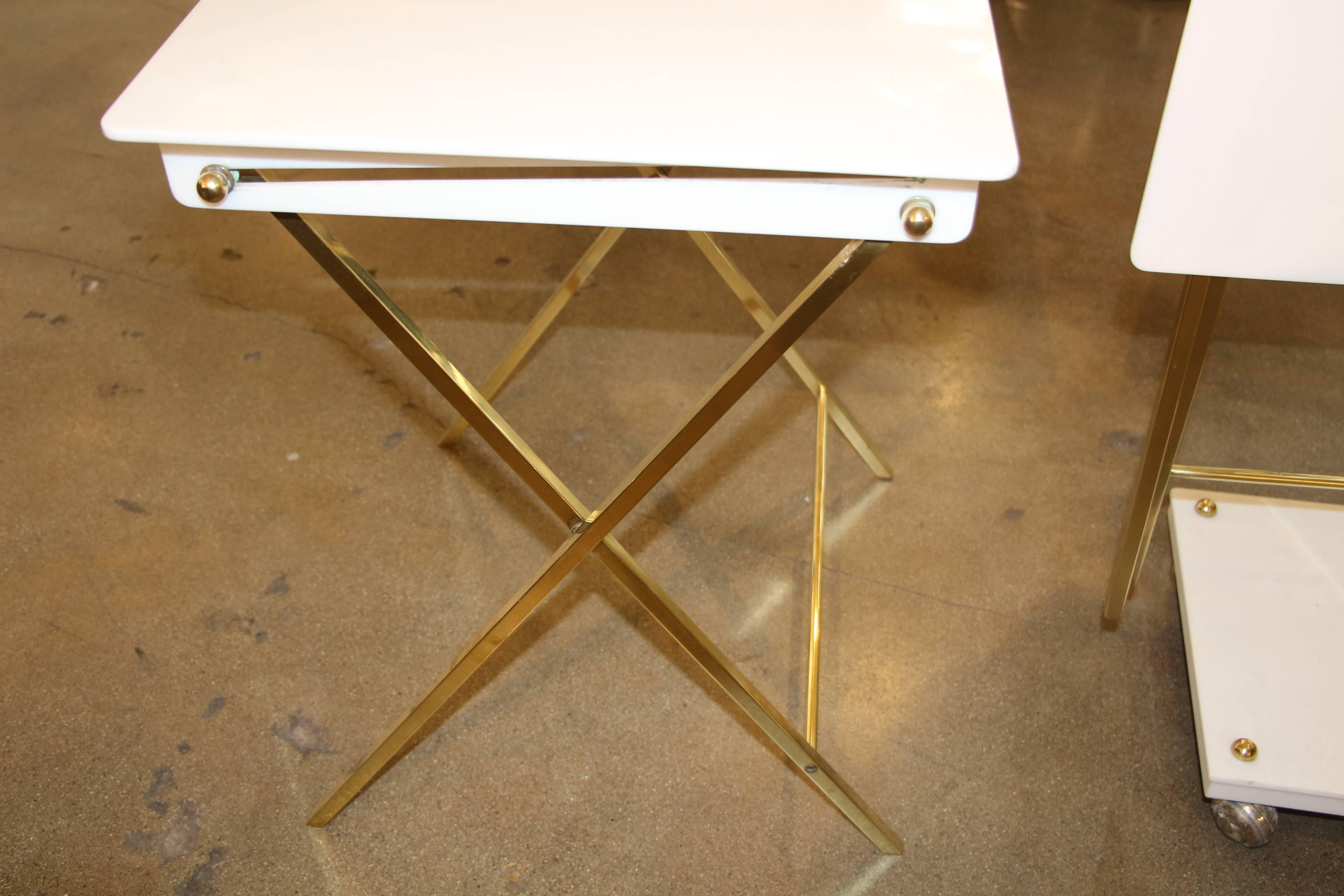 Charles Hollis Jones White Acrylic and Brass Serving Tables with Stand 3