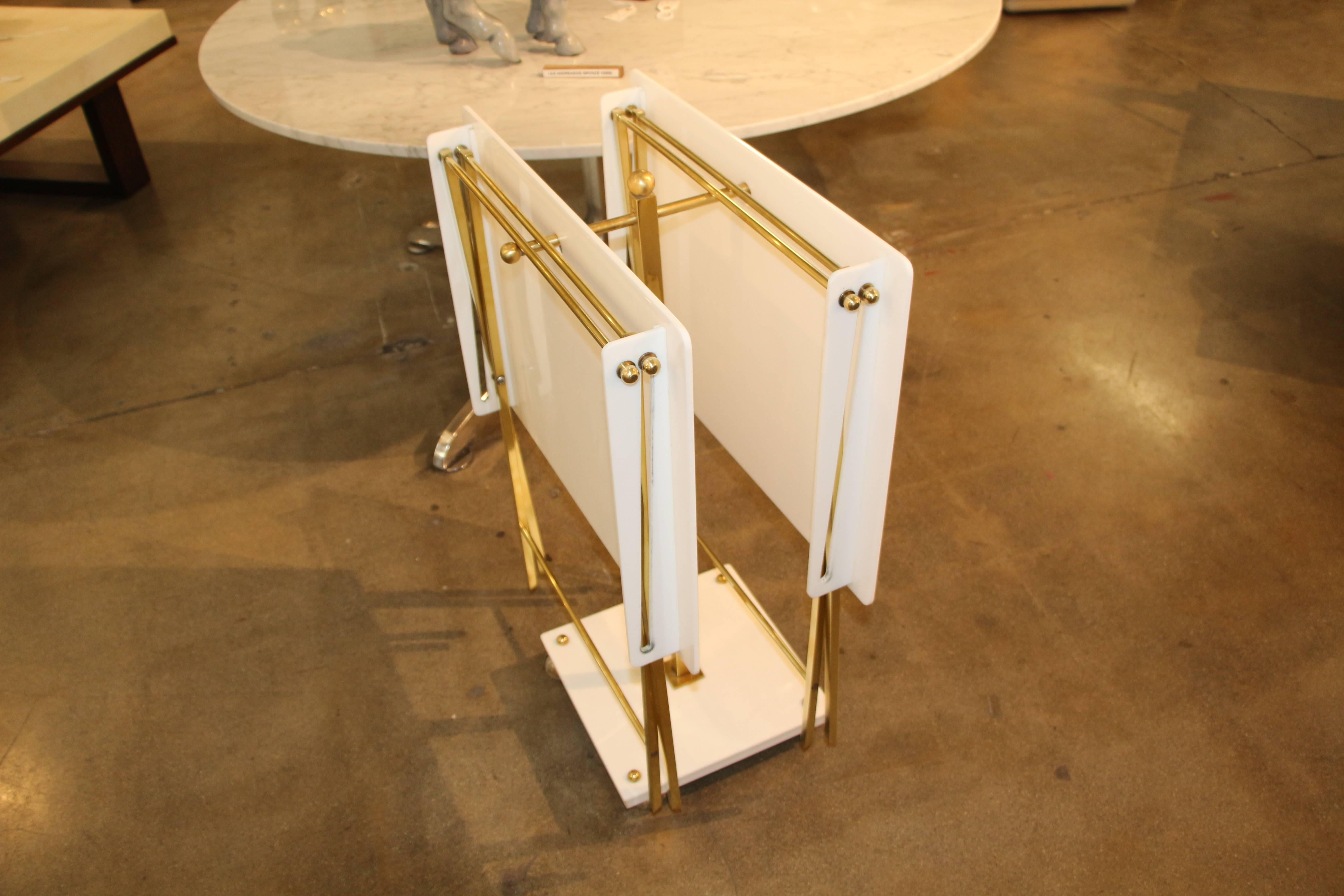Charles Hollis Jones White Acrylic and Brass Serving Tables with Stand 2