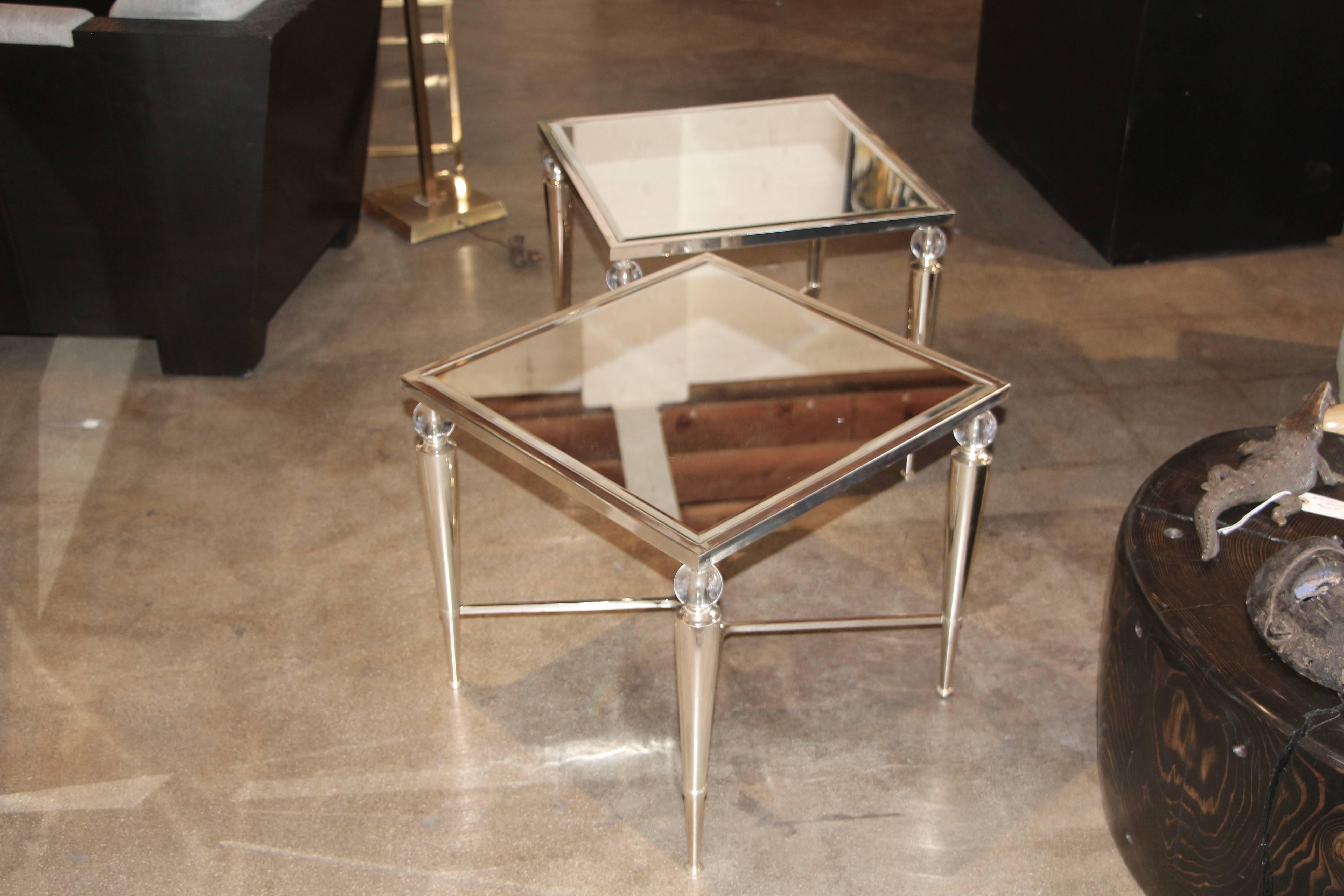 Two Elegant Mirror Top Silver and Glass Ball Tables In Good Condition In Palm Springs, CA