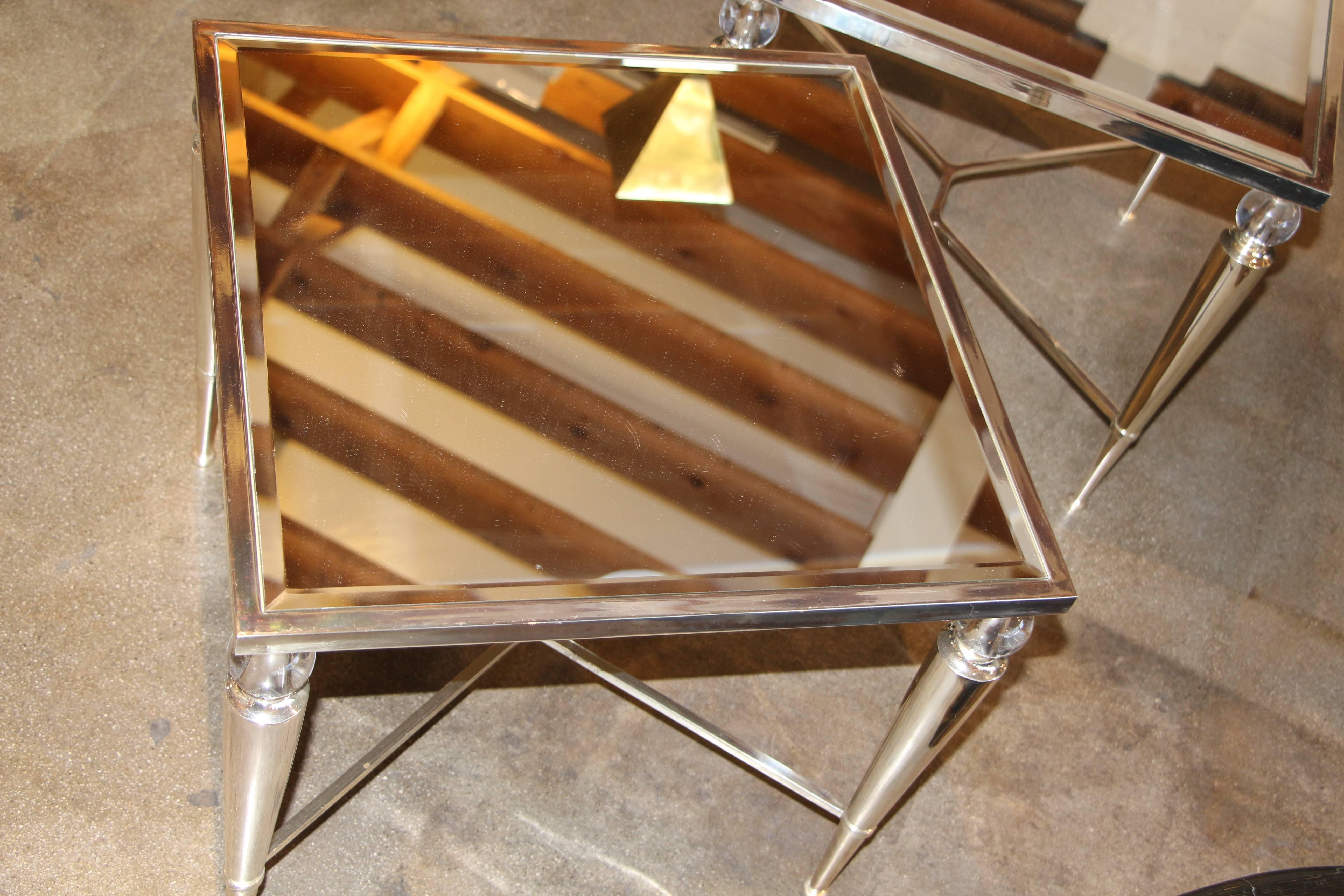 20th Century Two Elegant Mirror Top Silver and Glass Ball Tables