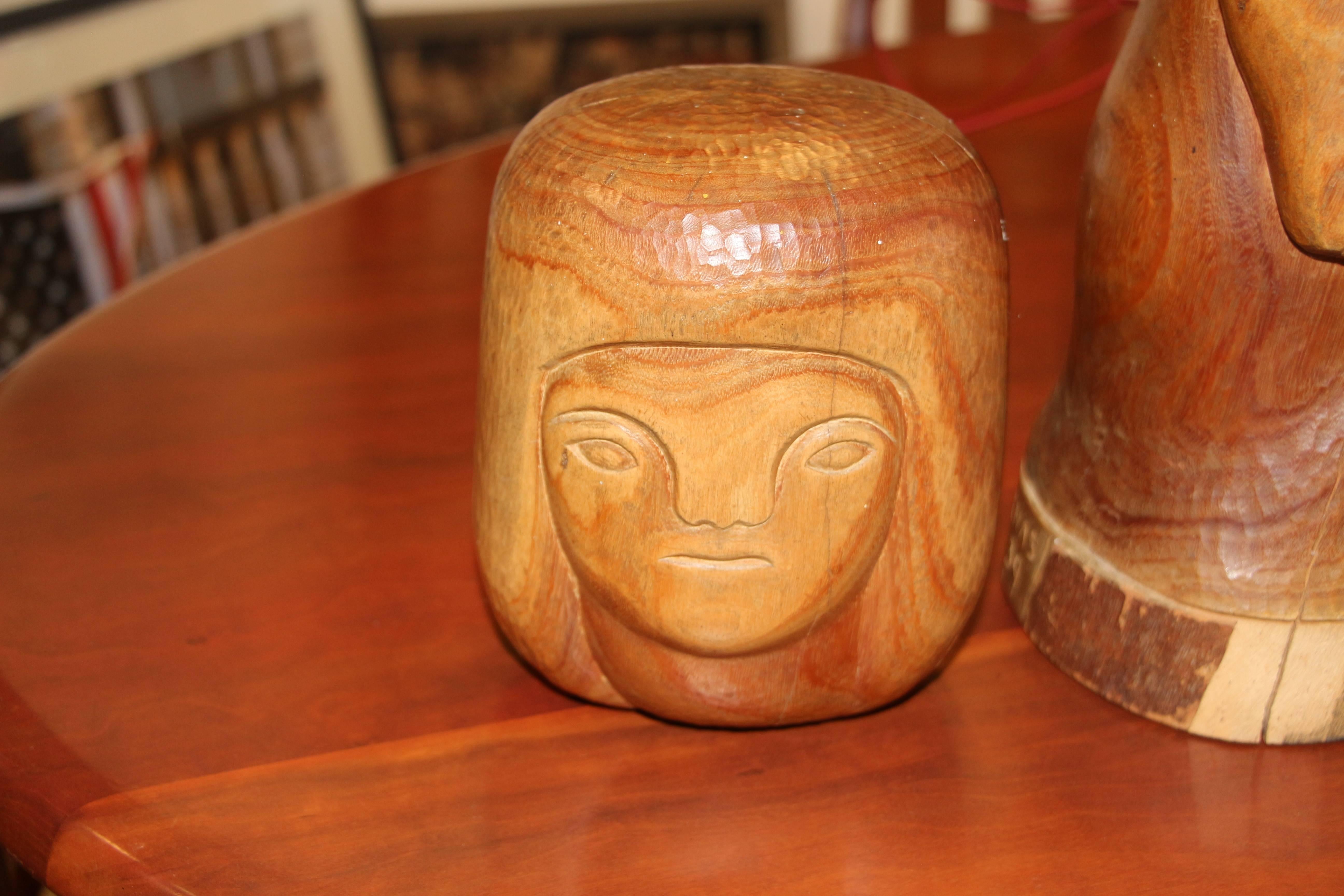 Two unusual wood carvings signed Cardenas and dated 1939. Not sure who the artist is but they are whimsical. The taller one has some missing, bark like material missing from the base. Both are cracked scratched and show nicks and marks from age. The