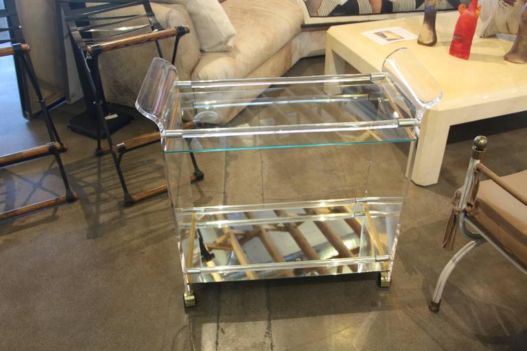 Lucite Brass and Mirror Bar Cart on Casters at 1stDibs