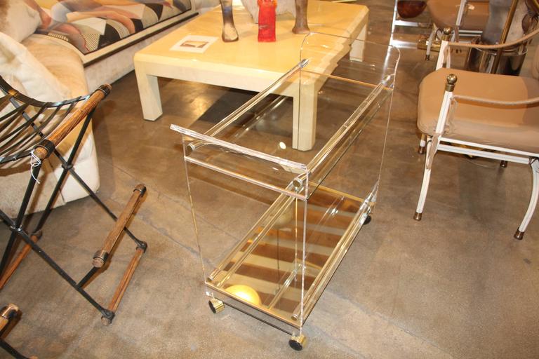 Lucite Brass and Mirror Bar Cart on Casters at 1stDibs