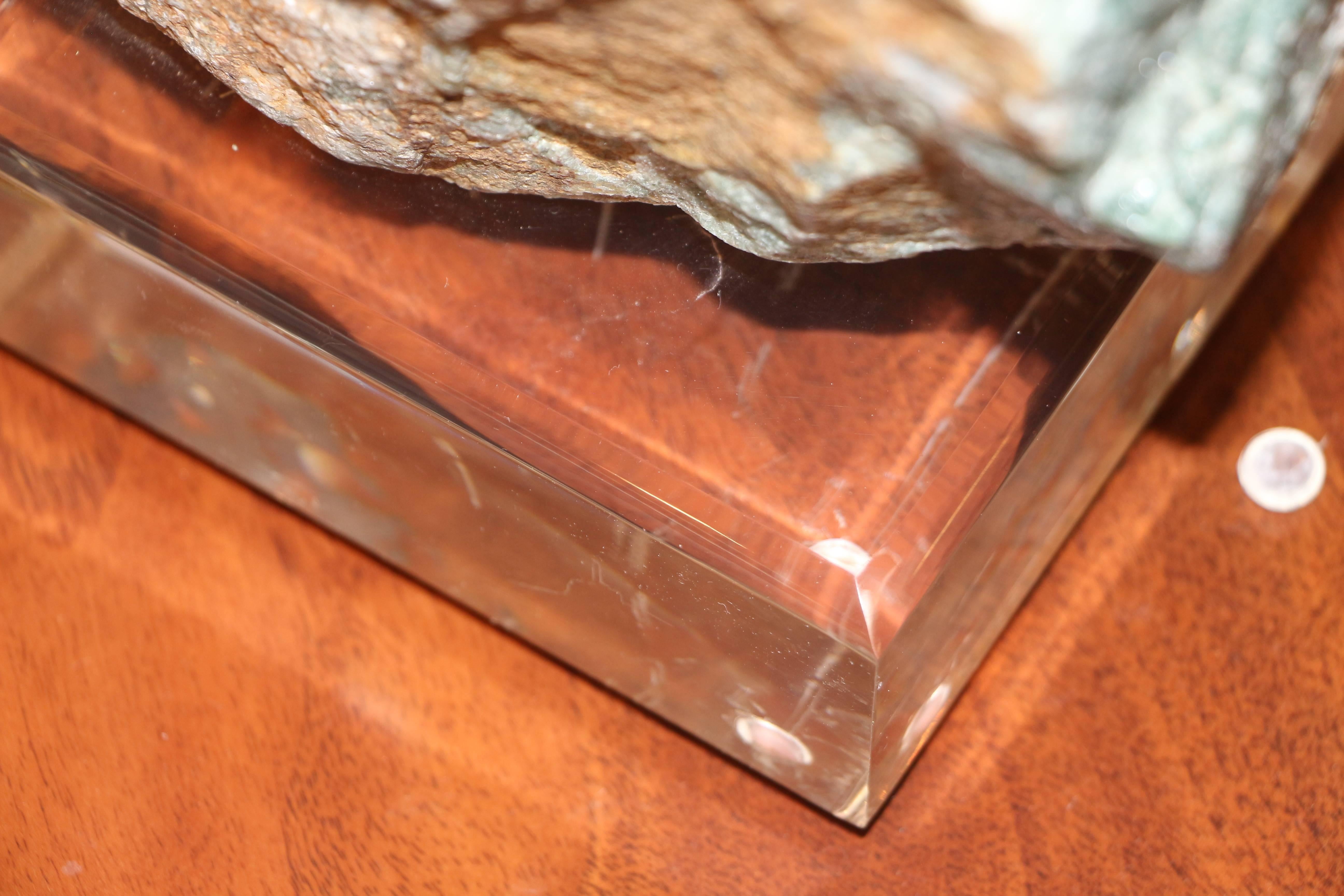 Unpolished Jade Scholar's Stone Mounted on a Lucite Base In Good Condition In Palm Springs, CA