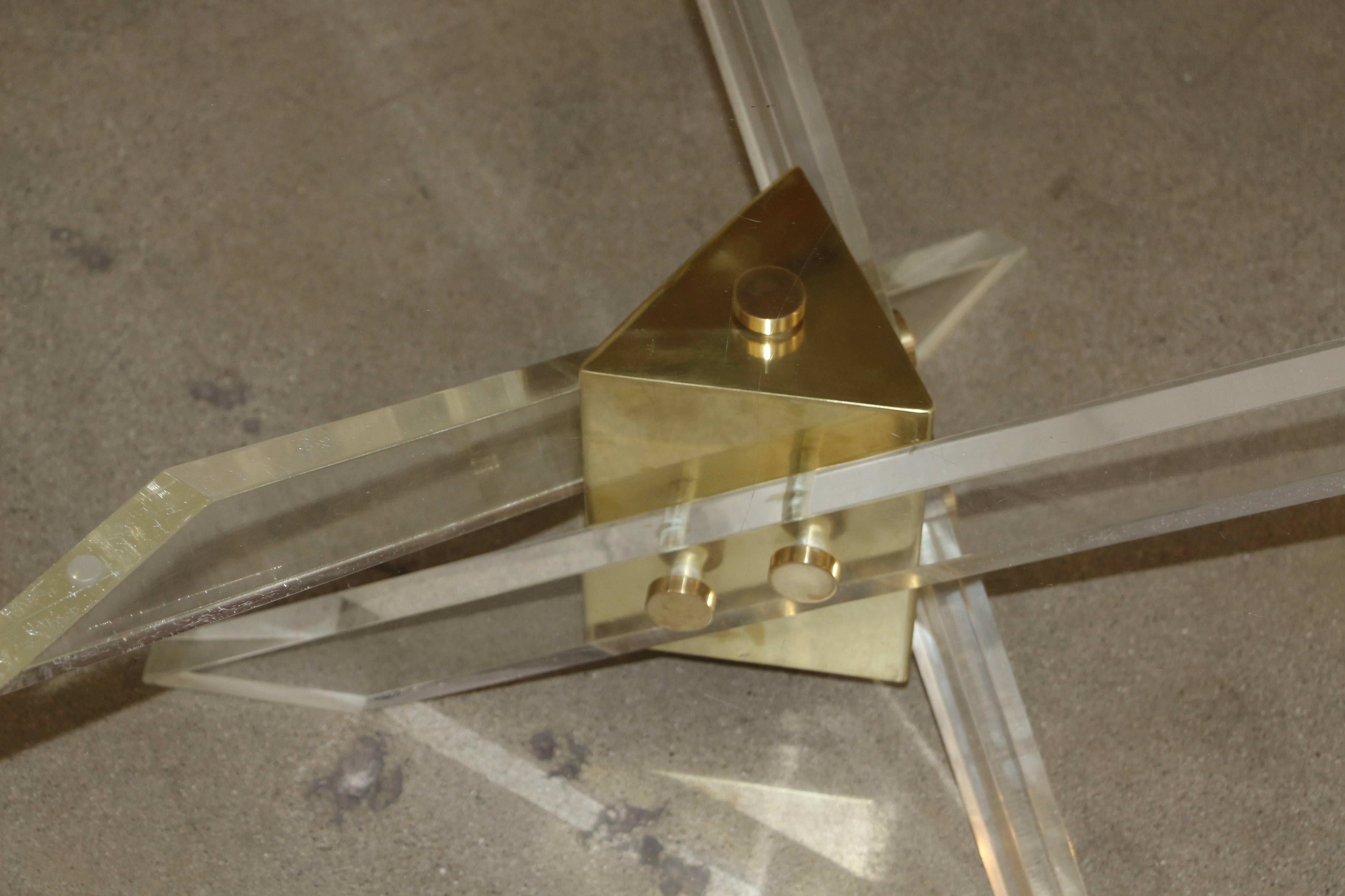 American Lucite, Brass and Glass Tripod table