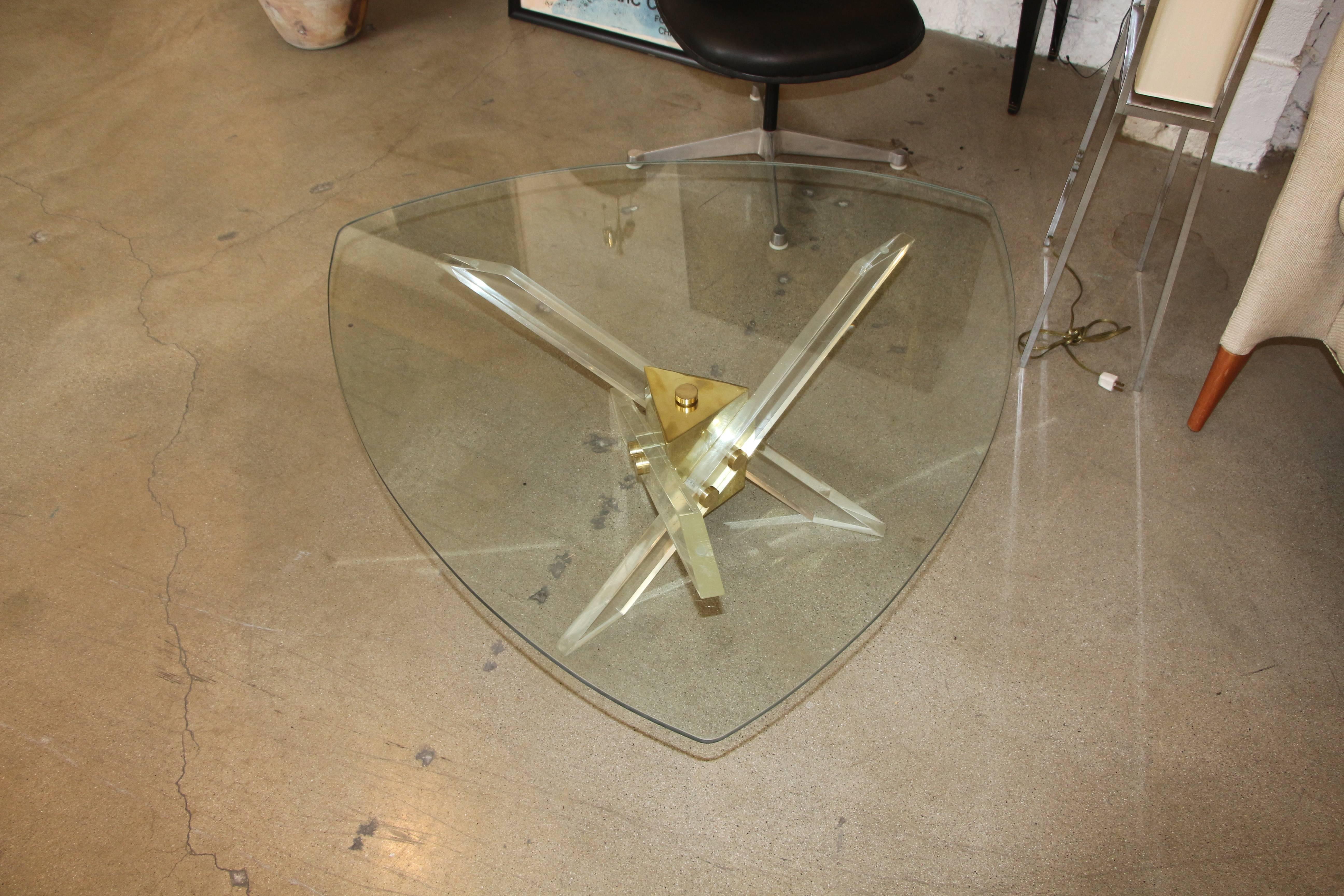 20th Century Lucite, Brass and Glass Tripod table