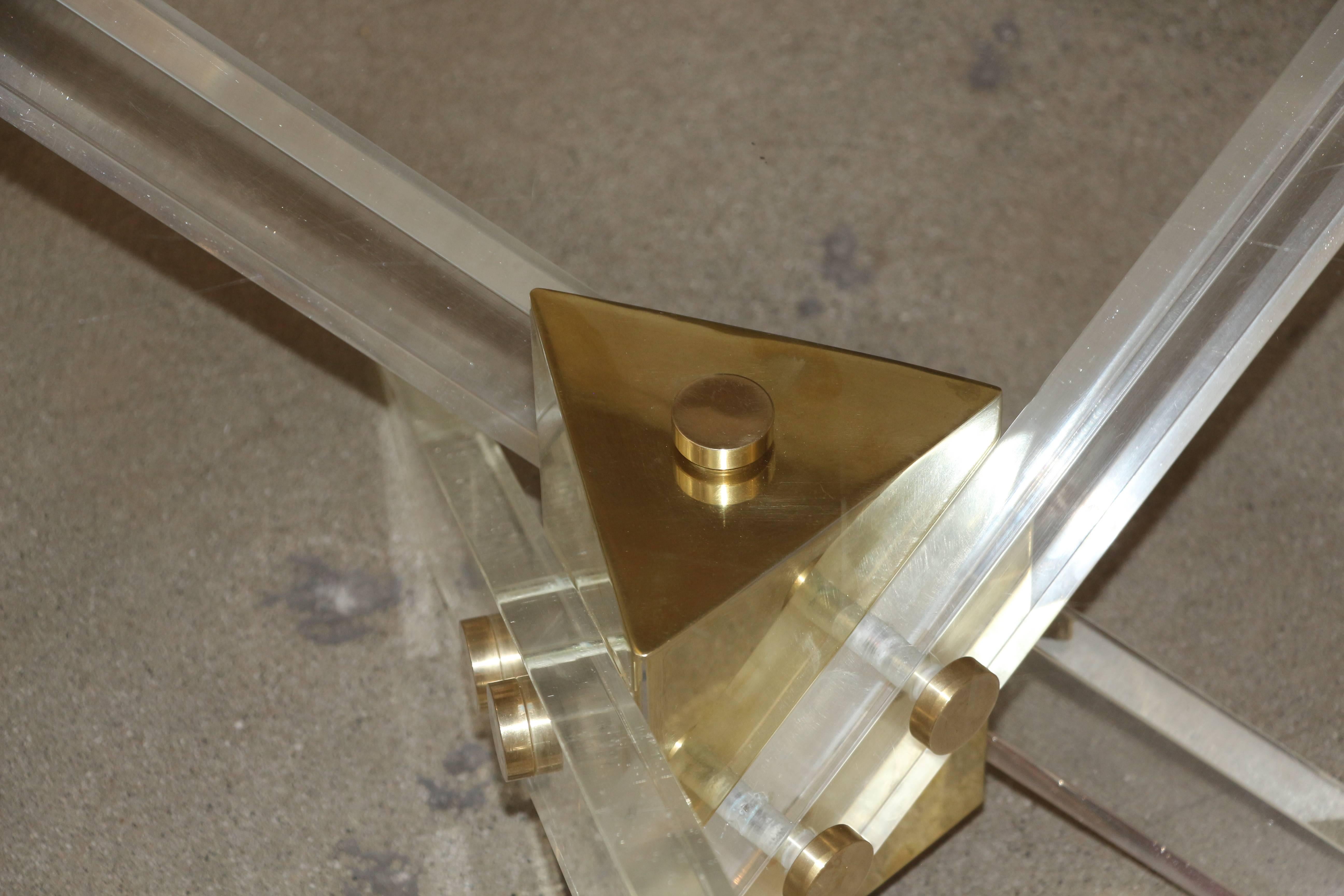 Lucite, Brass and Glass Tripod table In Good Condition In Palm Springs, CA