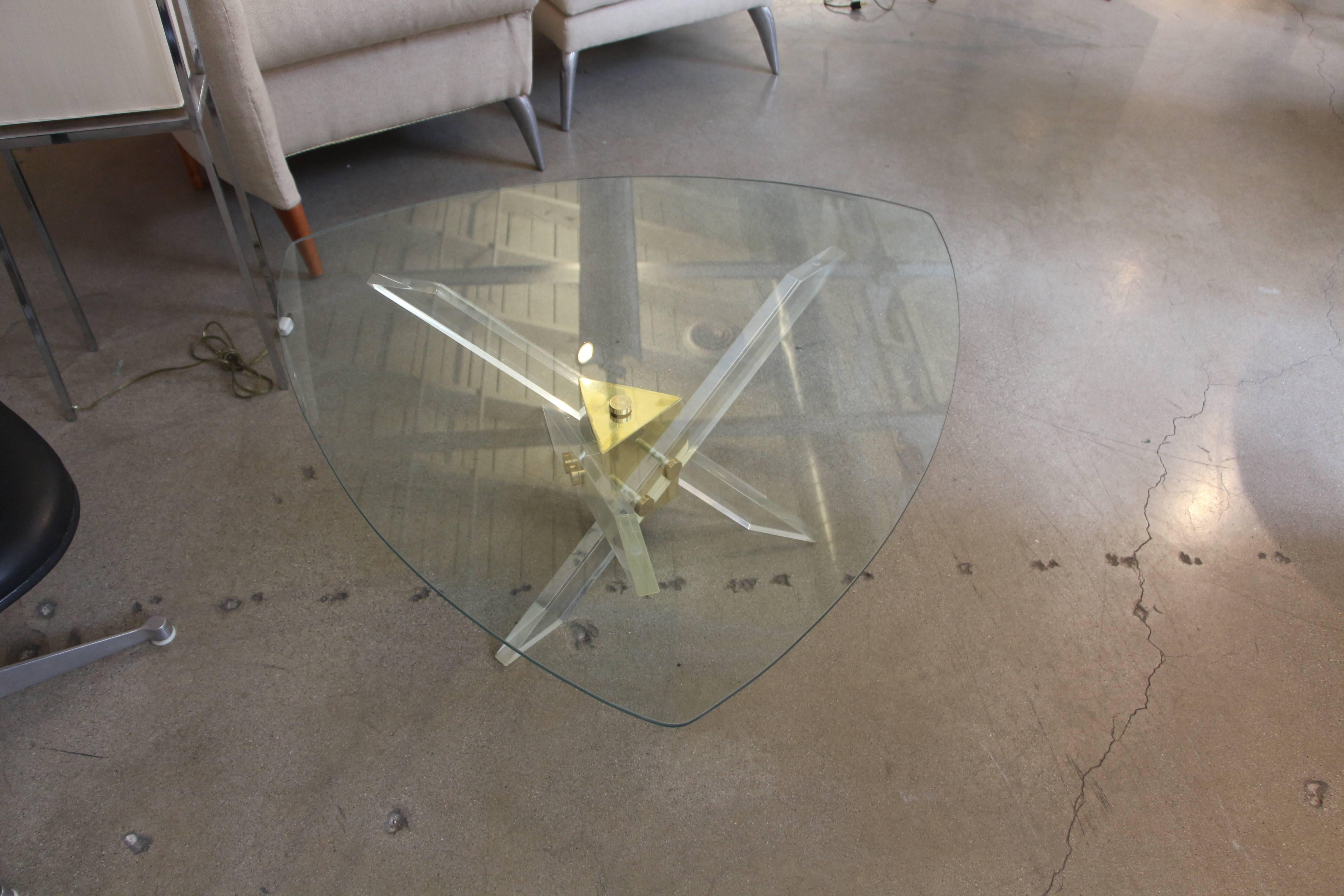 Cast Lucite, Brass and Glass Tripod table