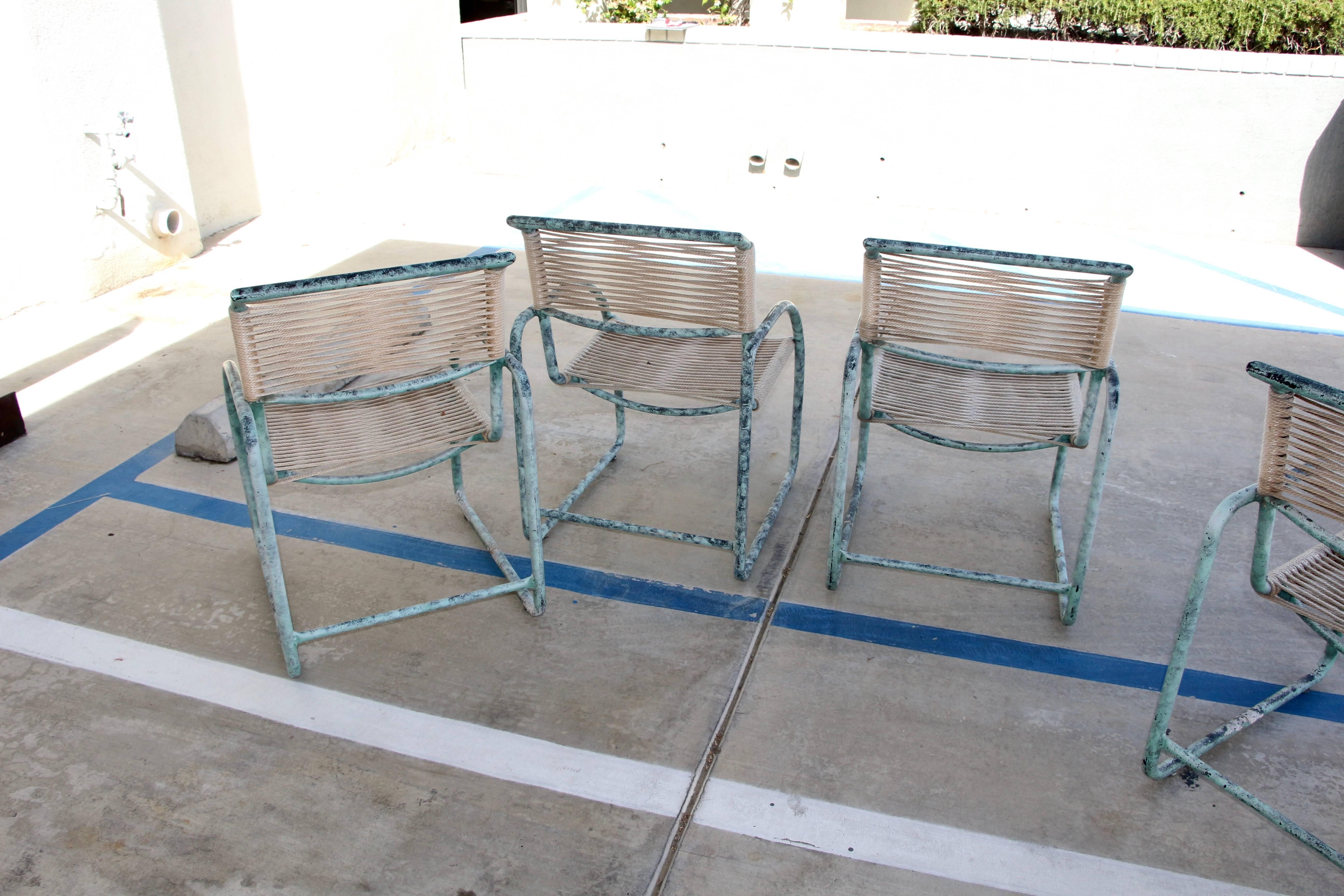 American Kipp Stewart Style Patinated Aluminium Roped Outdoor Chairs