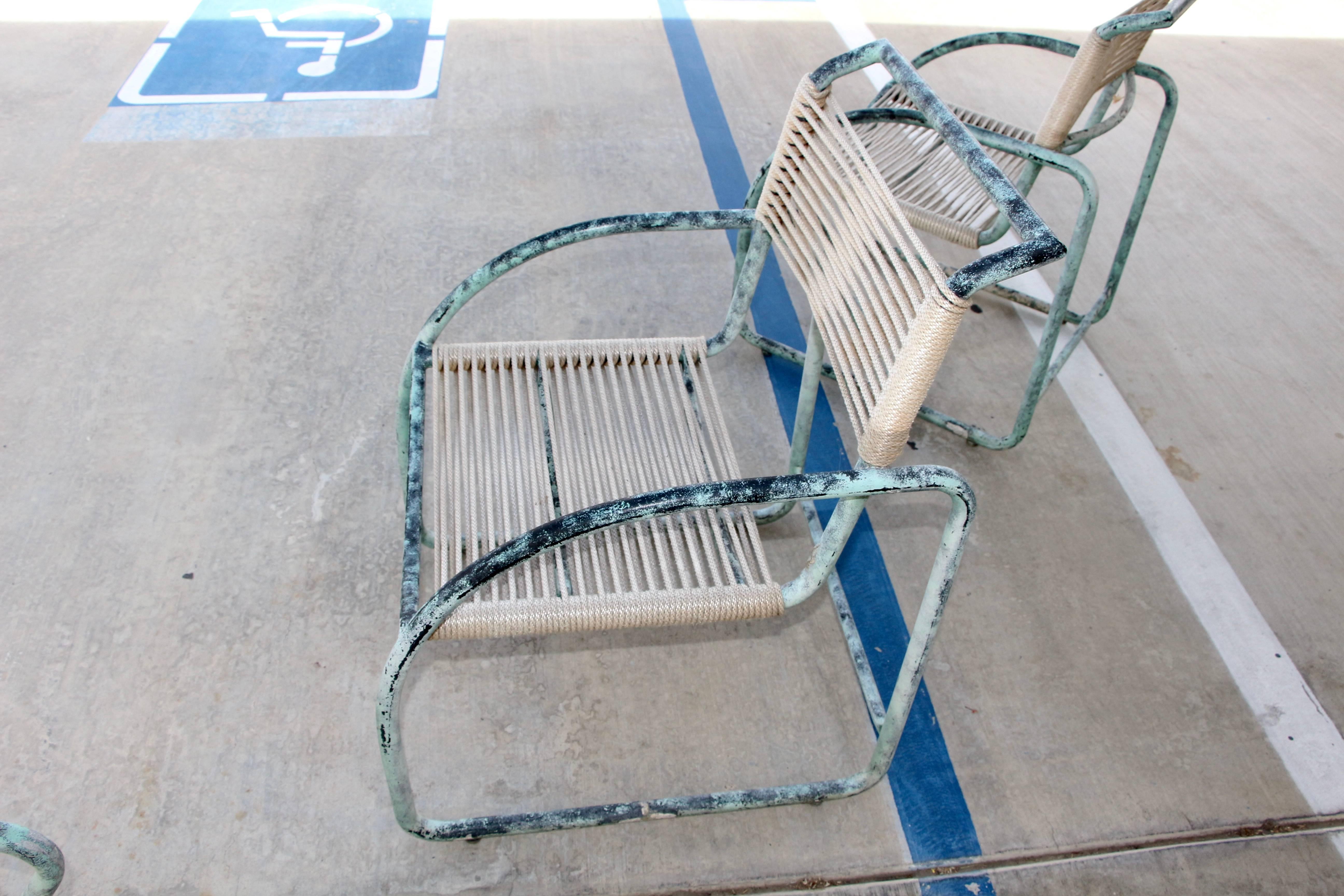Kipp Stewart Style Patinated Aluminium Roped Outdoor Chairs In Good Condition In Palm Springs, CA