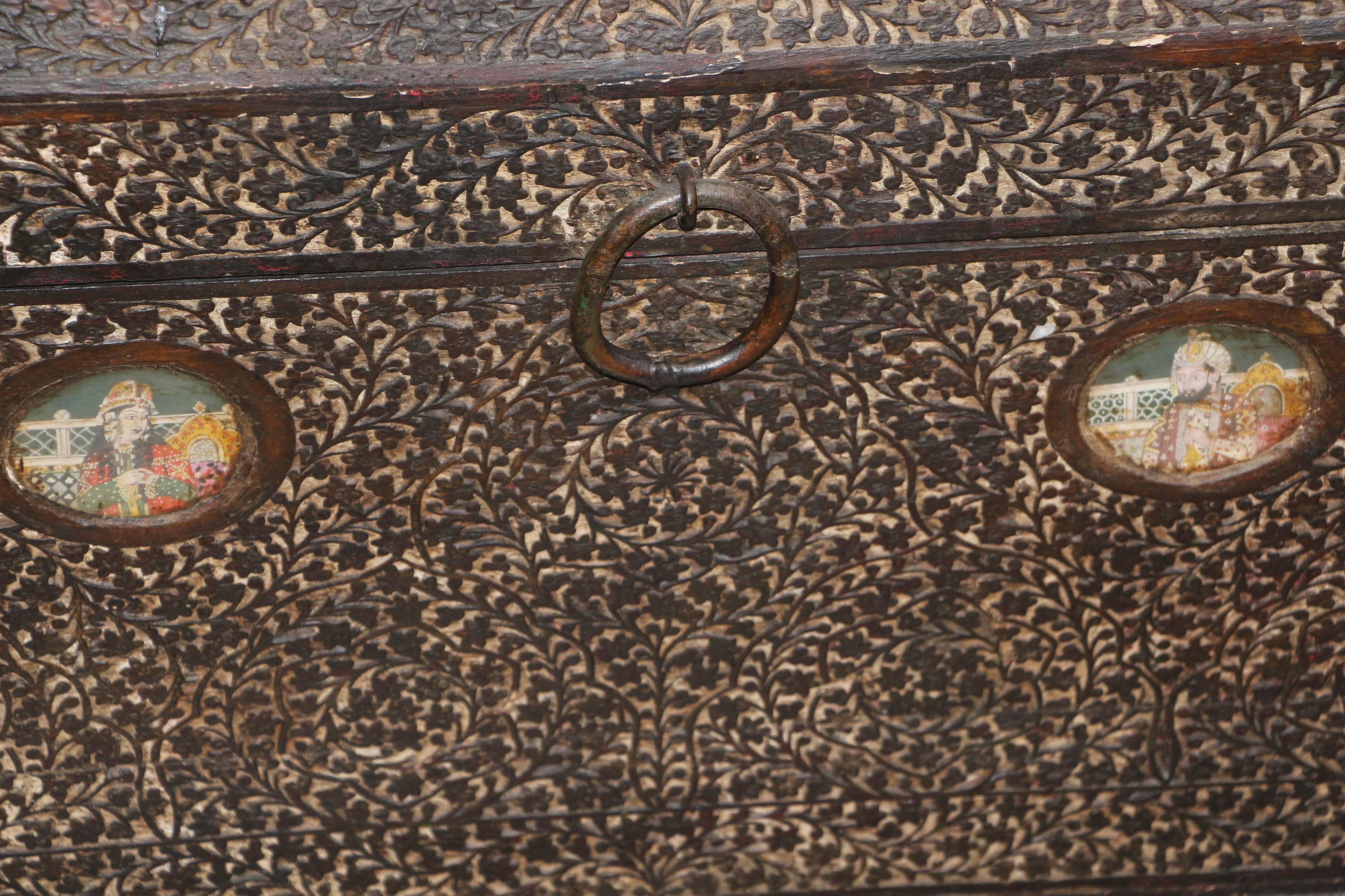 Pair of Indian Probably Mughal Dowry or Marriage Chests with Portraits 3