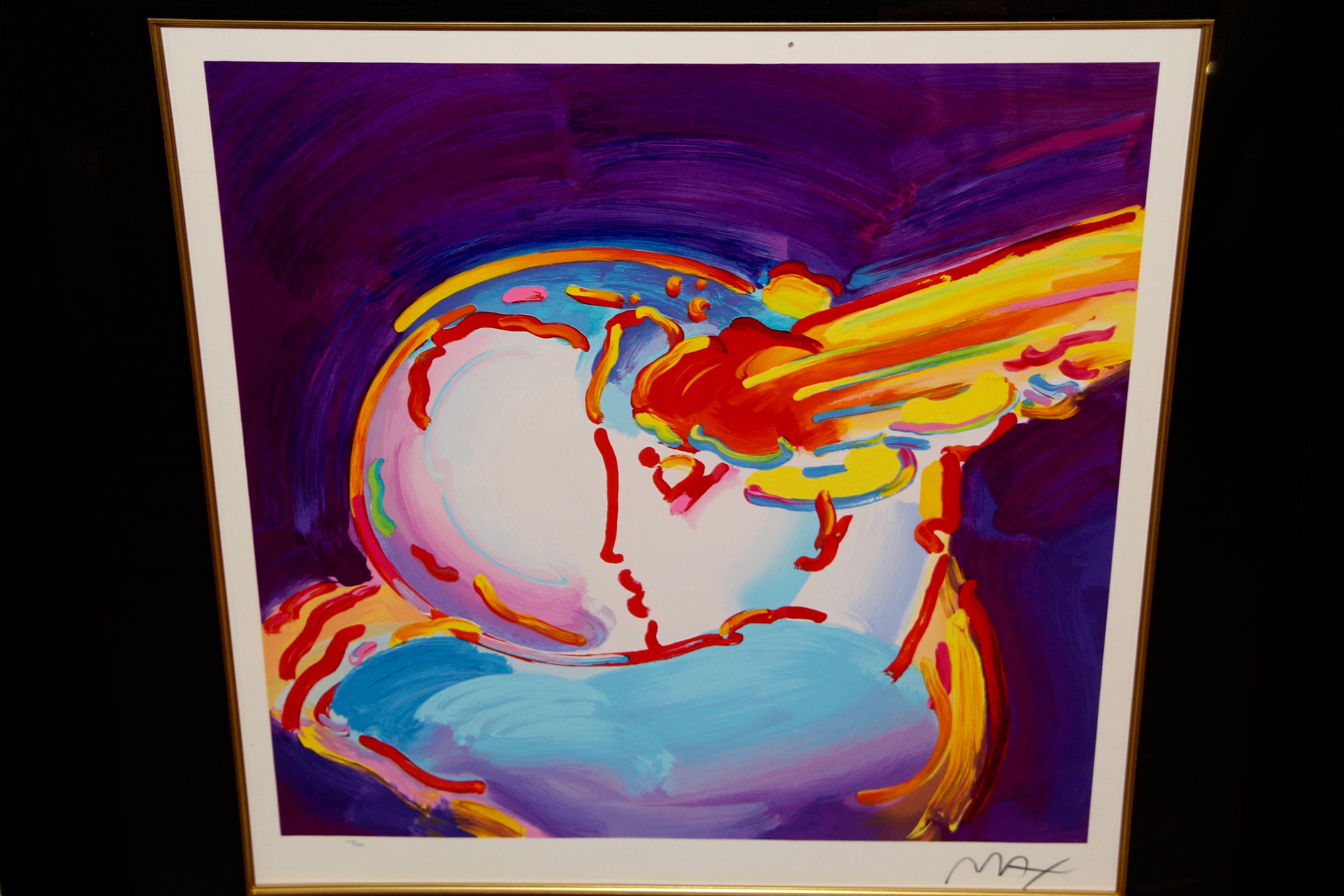 A beautiful serigraph by the noted pop artist Peter Max in a tastefully framed and matted way. It is signed and titled on the back label. It does appear to have some brush strokes on it, although I imagine that is how his serigraphs are executed. It