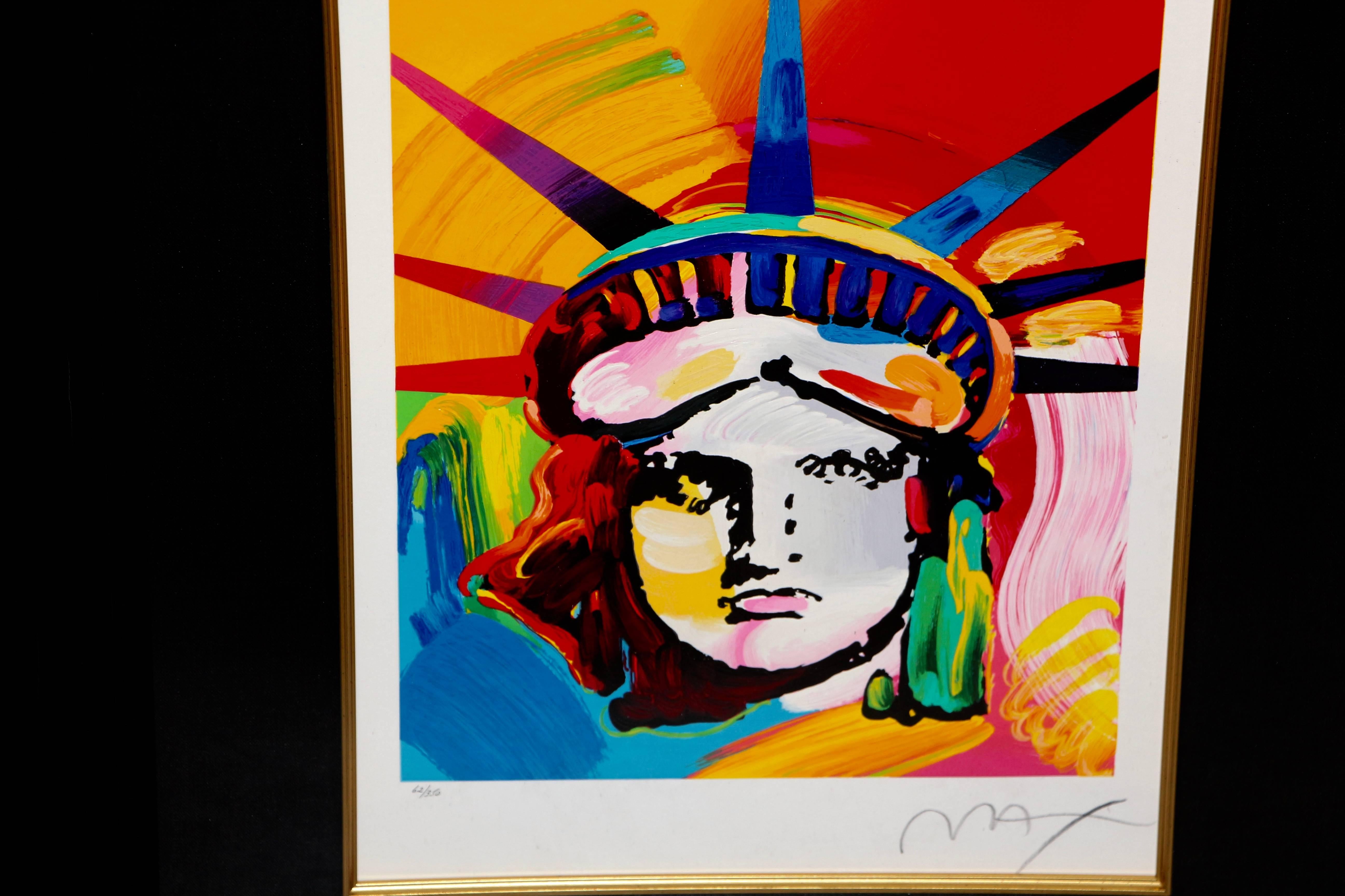 A Peter Max Serigraph in color on wove paper. It is numbered in pencil 62/350 and pencil signed Max lower right. Beautifully framed. The black mesh back has some dust as it has been in storage for years. There are some handling marks and minor