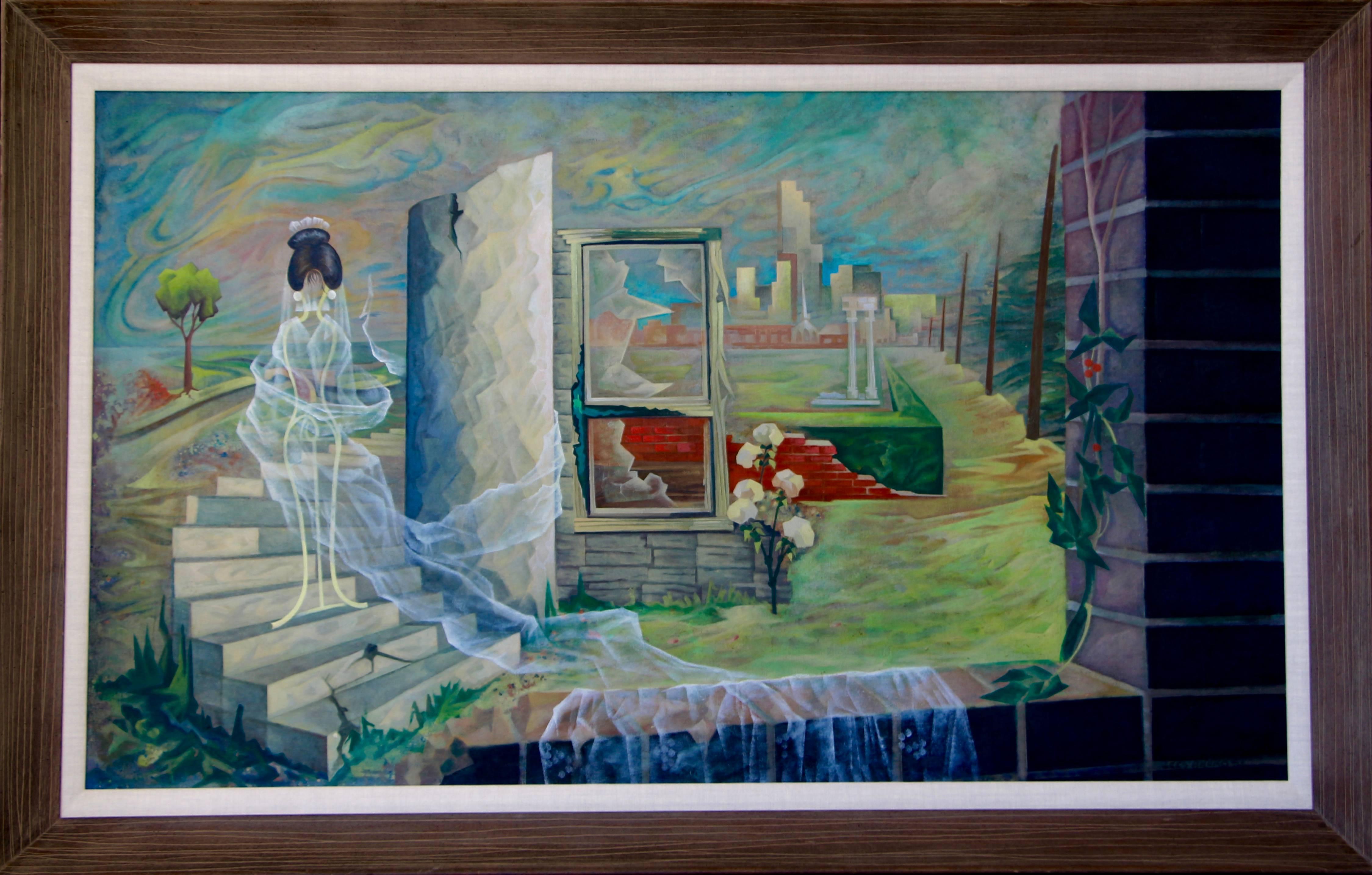 A wonderful surrealist Mid-Century painting by the noted Dutch/American artist Artist Cees Brokke. It it's original frame, we did have to have the linen liner replaced.
From an old ny times article is this blurb about the artist Several miles away,