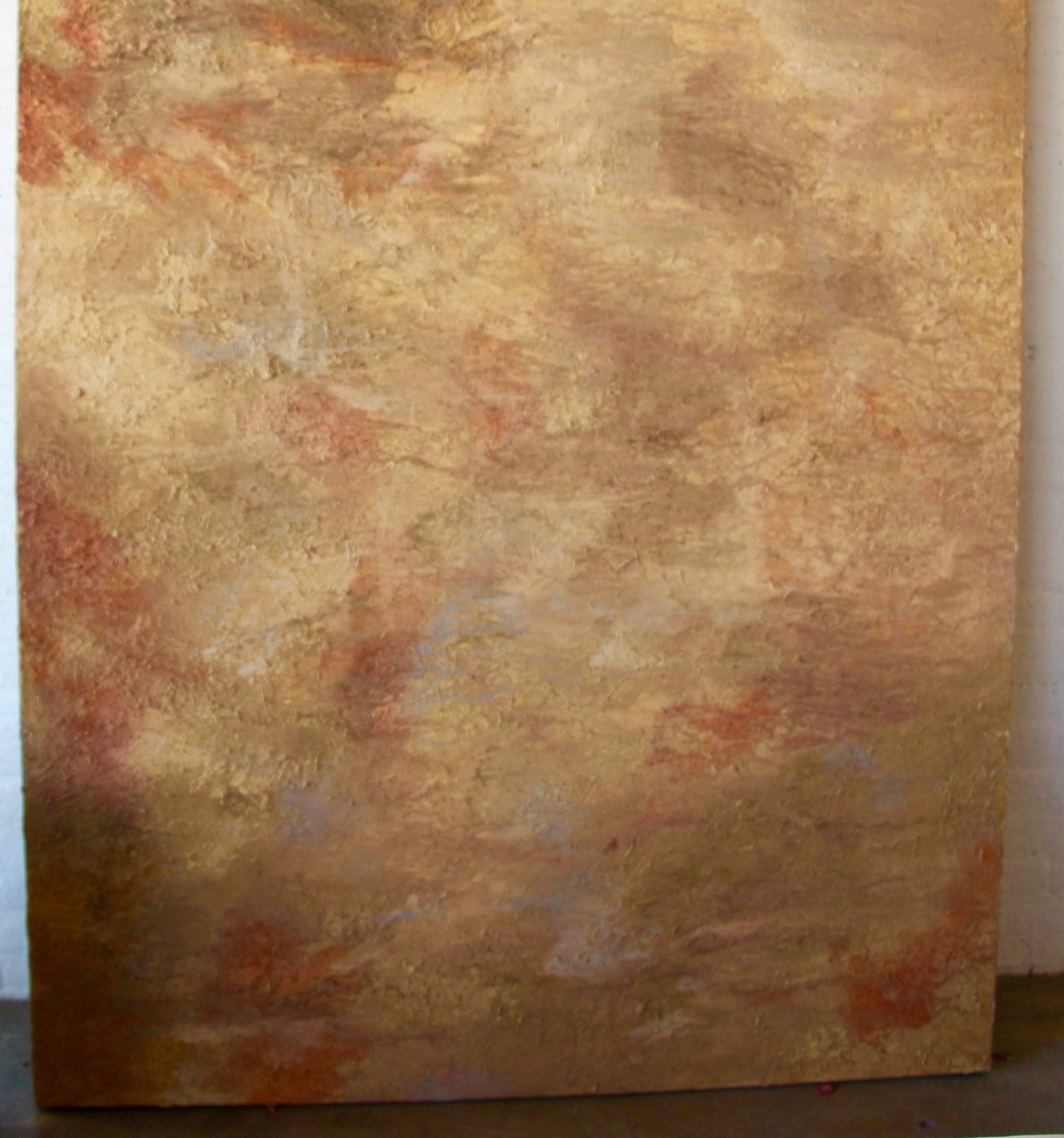 A large massive abstract with thick impasto paint. Beautiful tonal abstract. Please note the size of this piece, as it is quite large 9 feet tall and 6 feet wide. Unsigned. It can be hung vertically or horizontally.