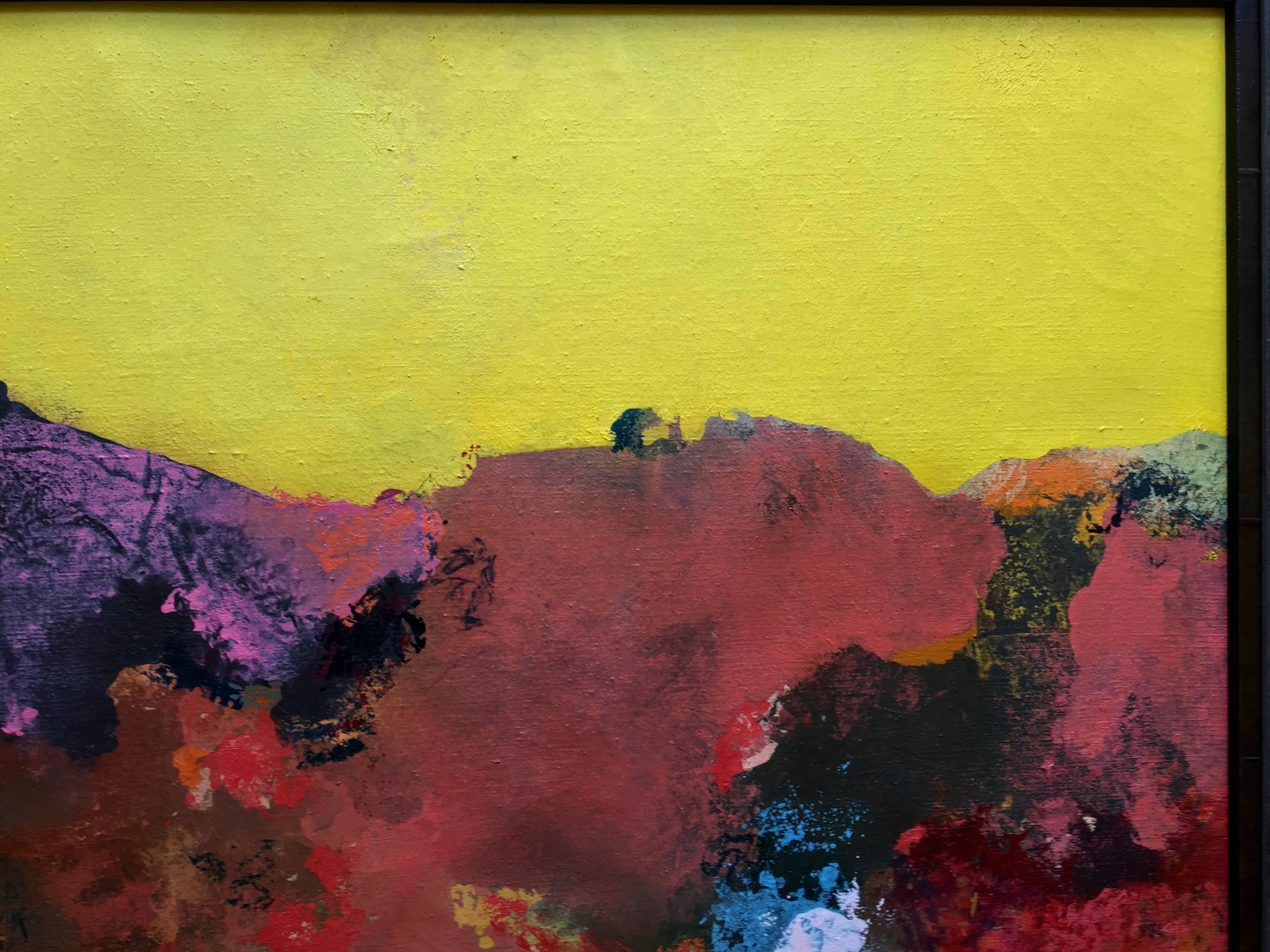 A vibrant abstract by the noted artist and educator Roger Des Rosiers. Apart from a beautiful abstract the painting is spectacularly framed. The back is covered in Black Paper. This frame must have cost thousands as it is a large painting as well. A
