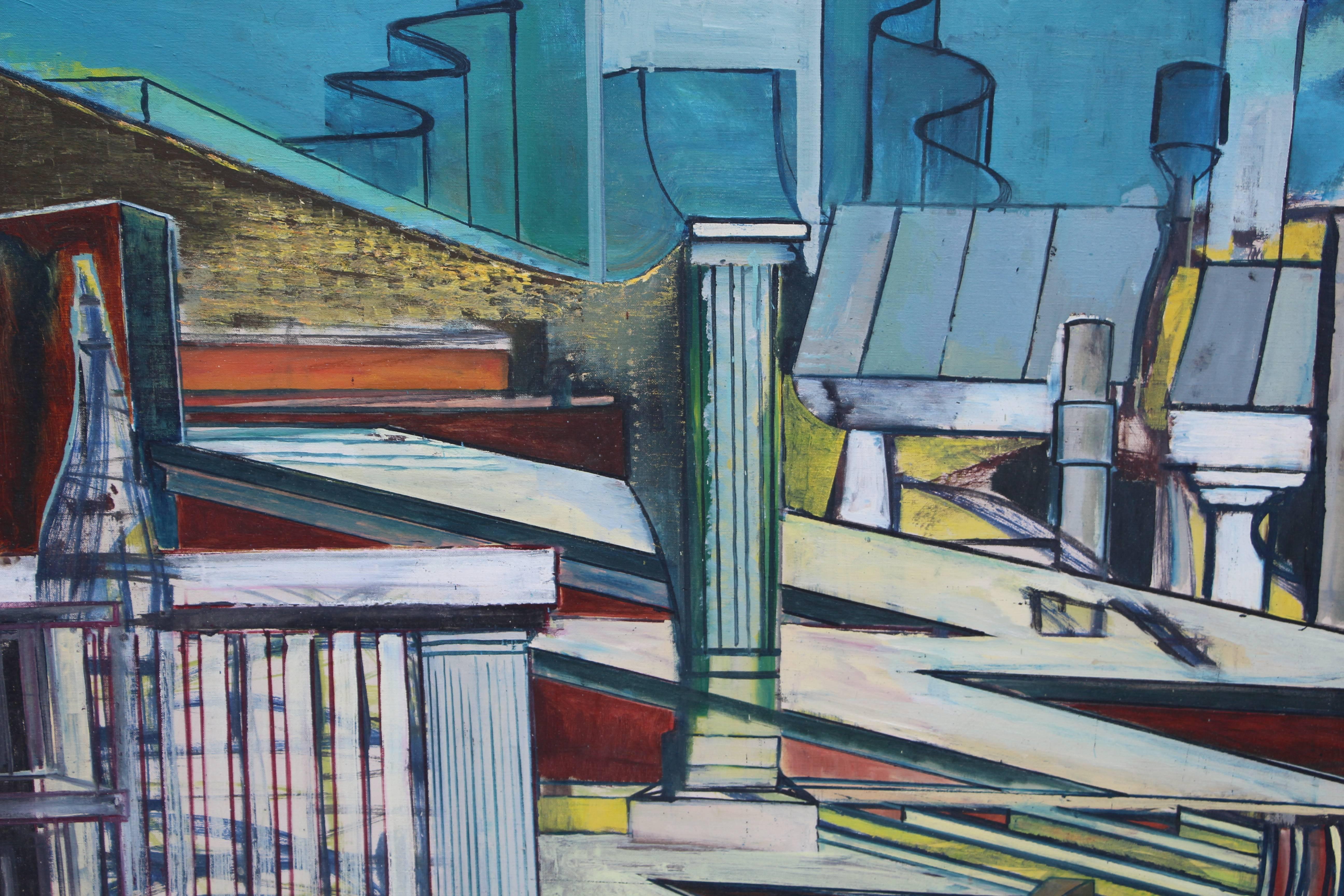 Hand-Painted Louise Odes Neaderland Architectural Painting City, 1964 For Sale