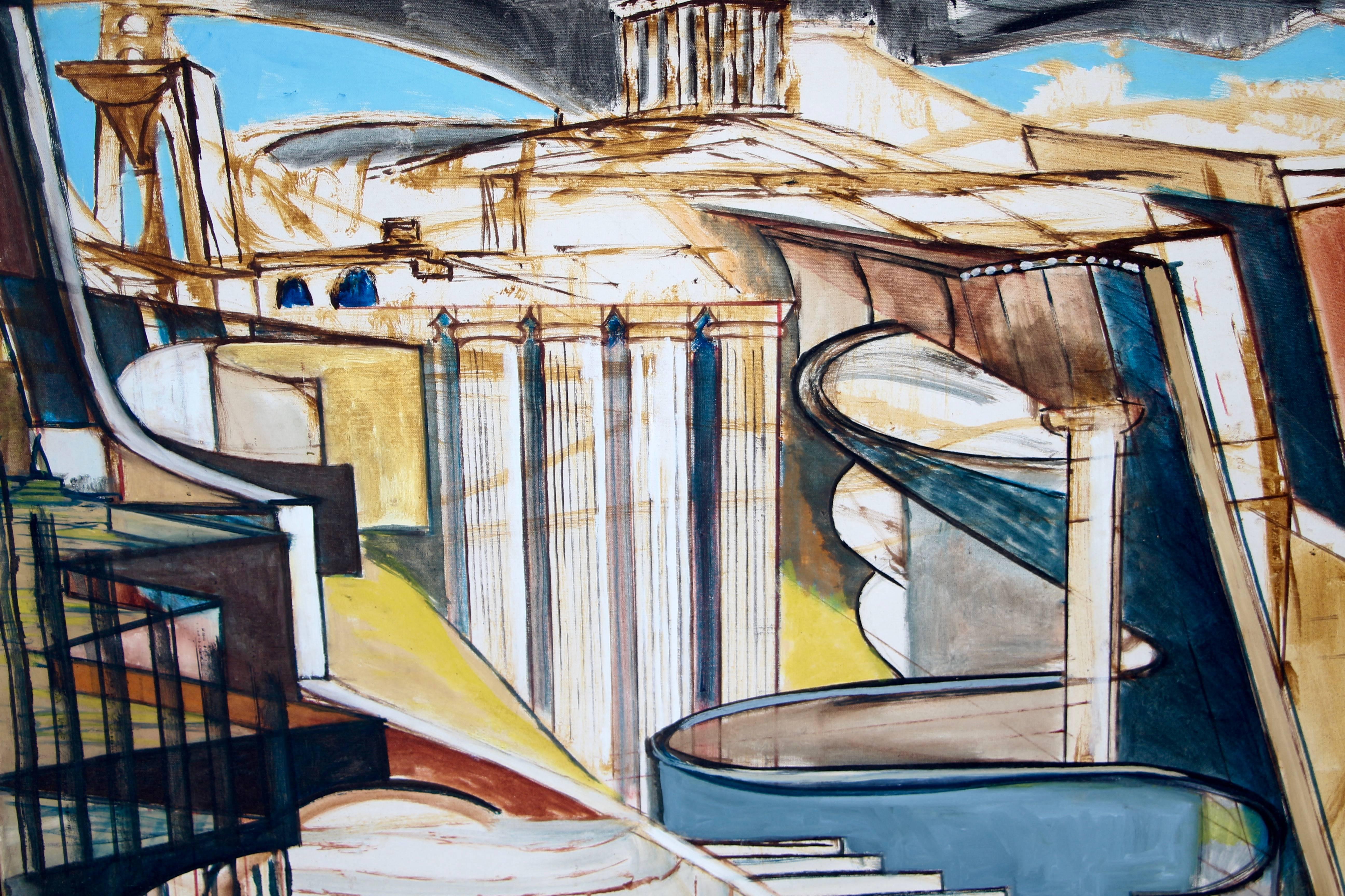 Mid-20th Century Louise Odes Neaderland Architectural Painting of a City, 1964