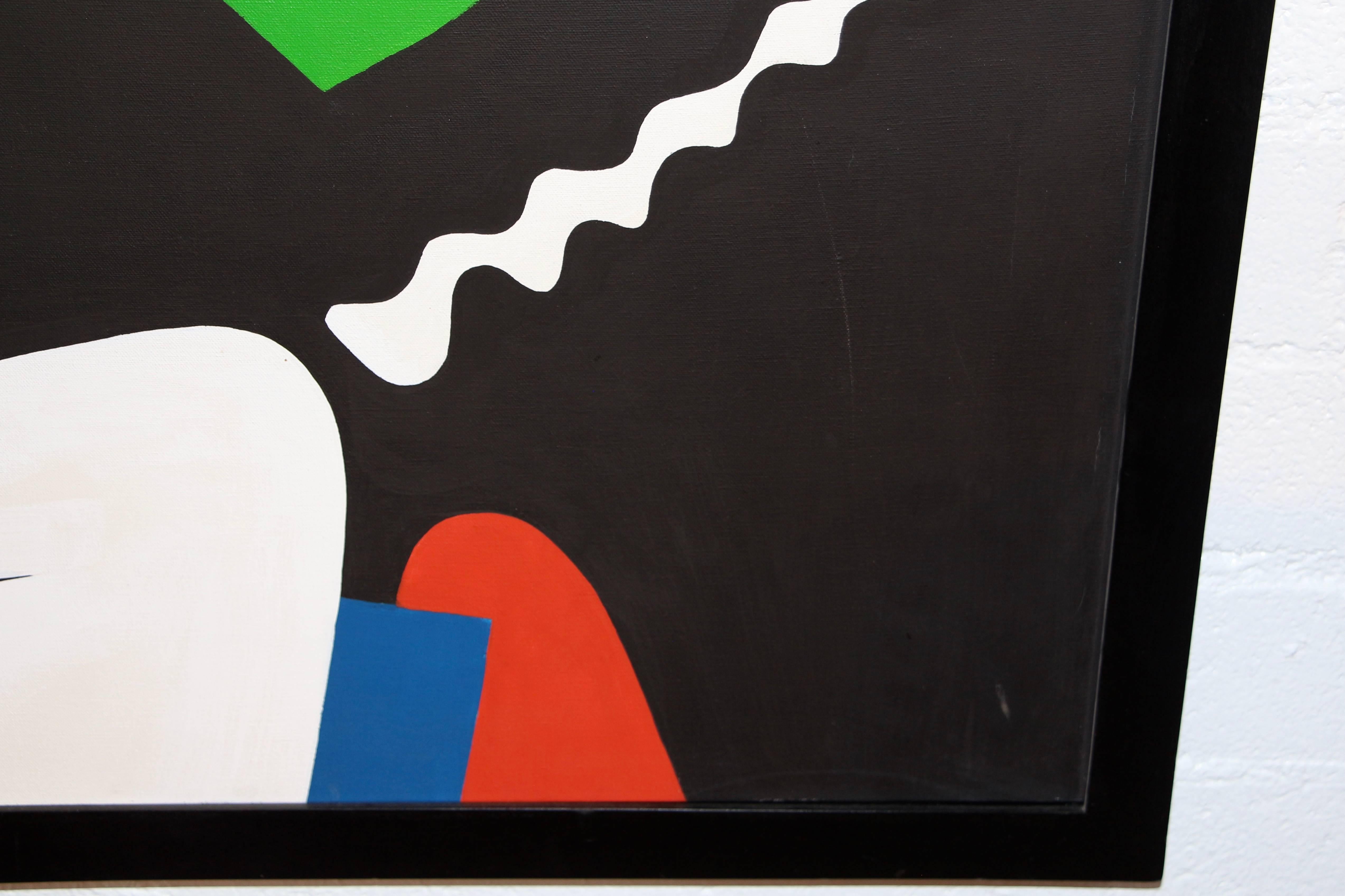Un vibrante astratto in una semplice cornice nera su un bel telaio. Lo stile è un po' quello di Mirò o Calder. Il dipinto è estremamente ben fatto e piuttosto vivido. Anche la cornice è stata ritoccata e presenta alcuni segni. Si tratta di un'opera