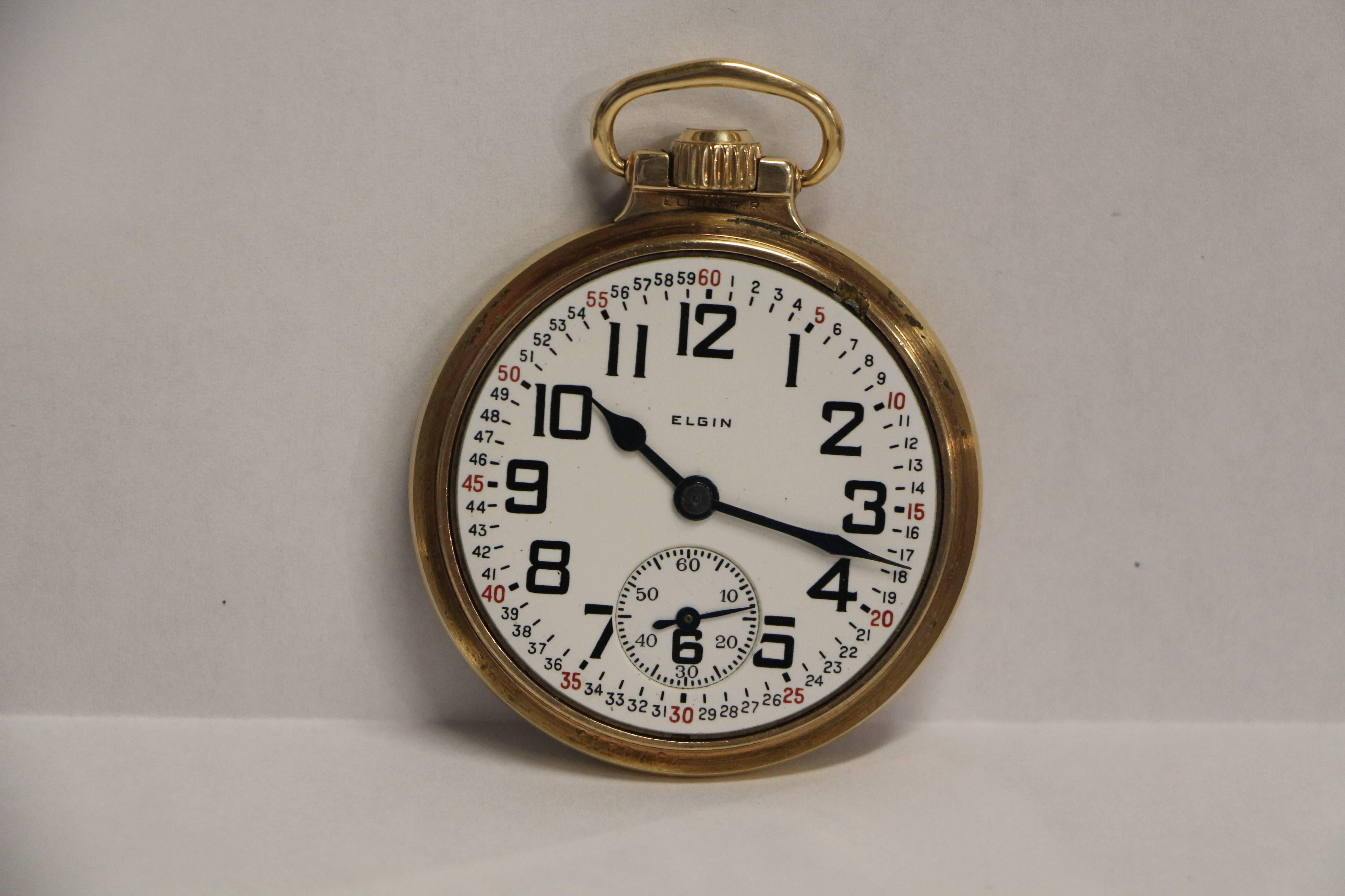 A nice running Elgin 21 jewel B.W. Raymond Railroad Grade pocket watch with a nice Montgomery Dial. Case is gold filled and marked under the crown Elgin R.R. I have not timed this watch but it seems to keep good time. The dial is in nice condition.