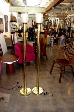 Pair of Brass Koch & Lowy Touch Glow Lamps with Mazzega Glass Shades