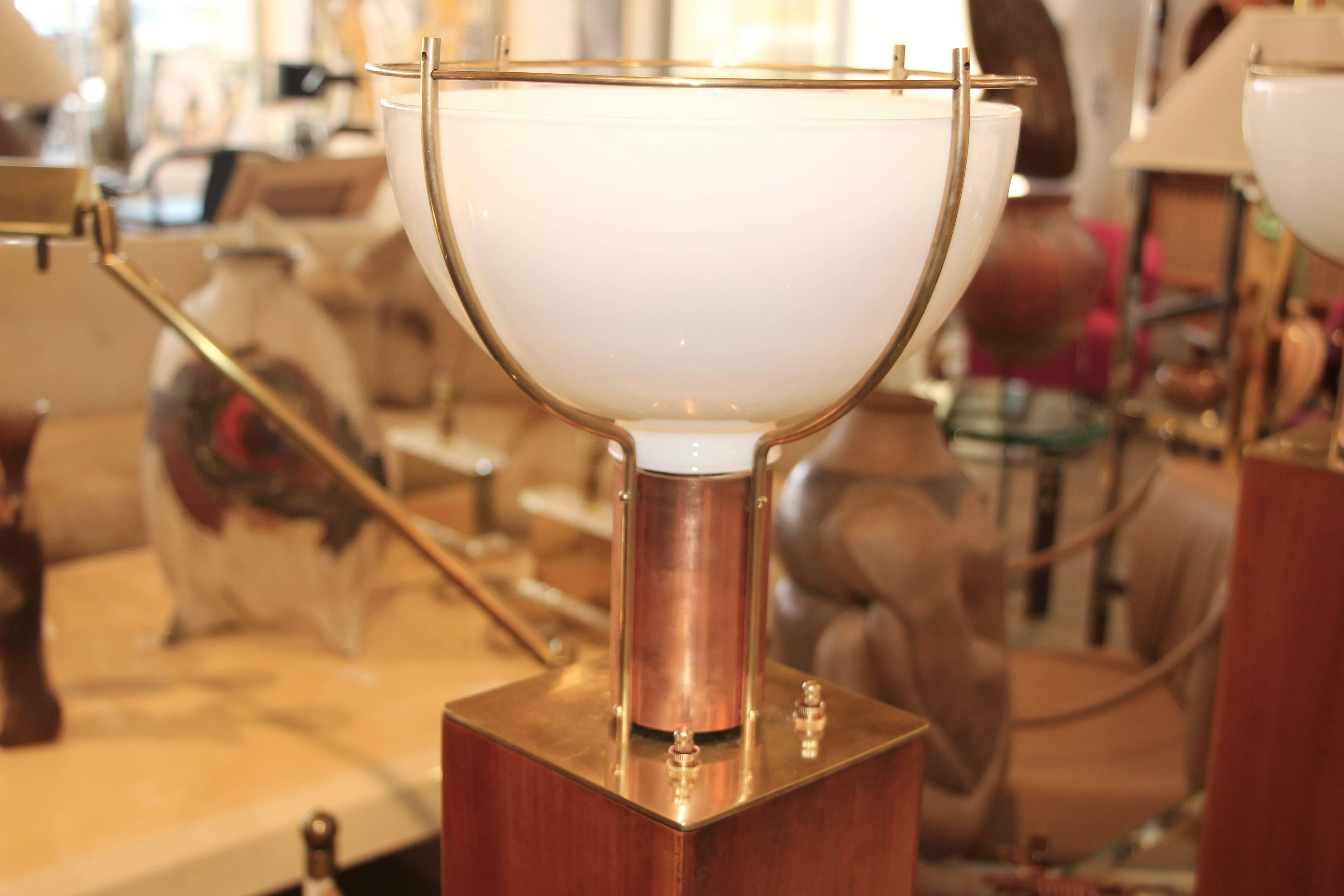 Hand-Crafted Fabulous Machine Age Lamps in Wood Brass and Copper with Milk Glass Shades