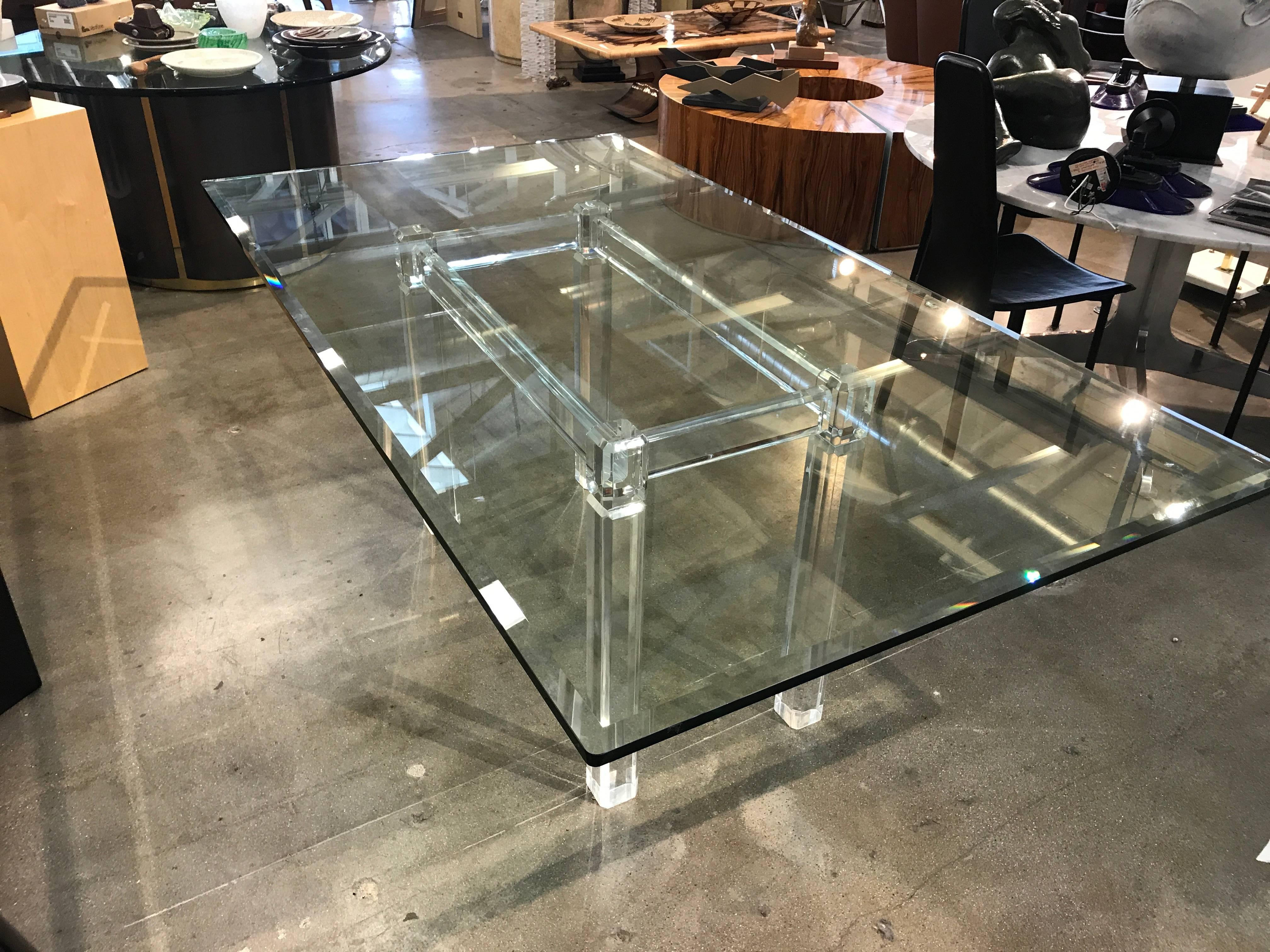 20th Century Spectacular Lucite Base Dining Table with Great Beveled Edge Glass Top