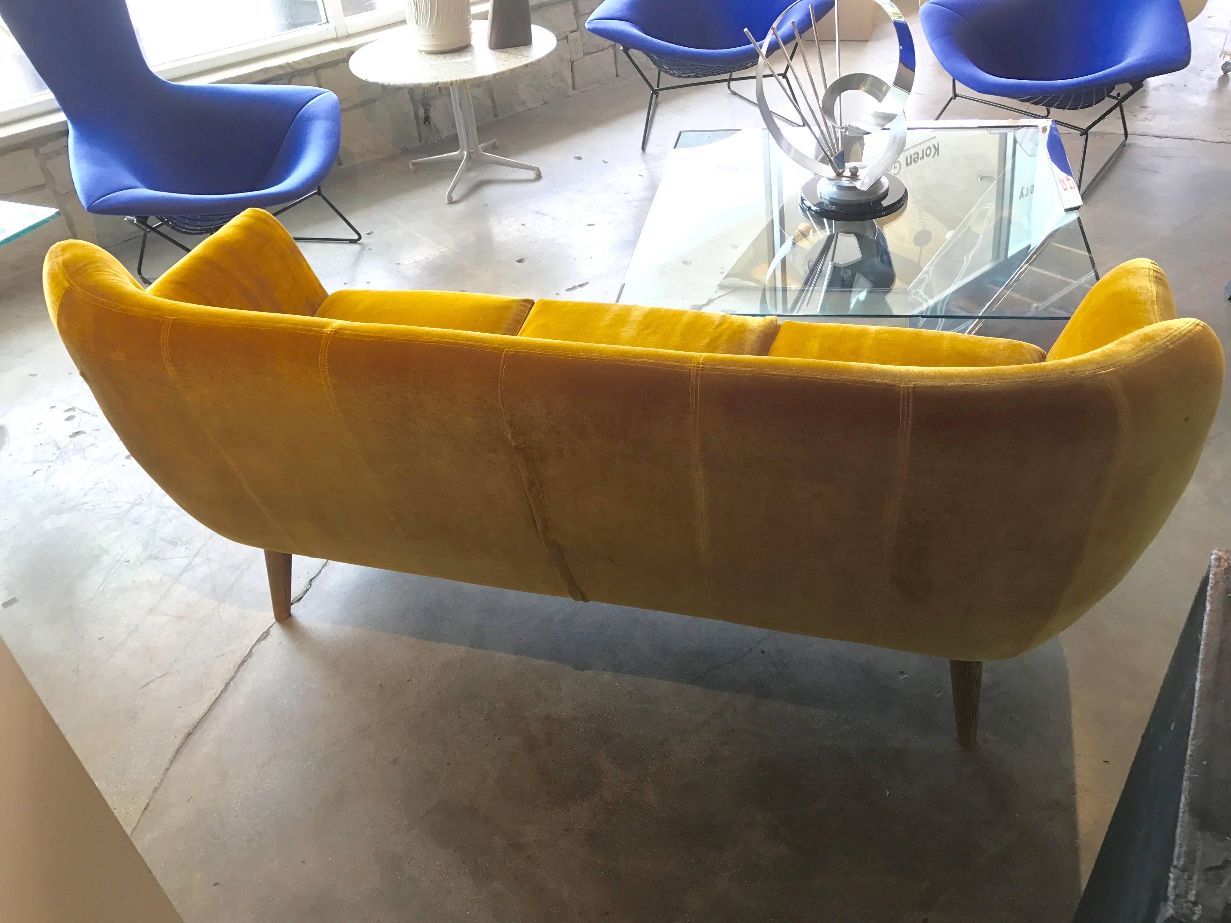 Stylish Yellow Wool Velvet Curved Sofa with Oak Legs In Good Condition In Palm Springs, CA