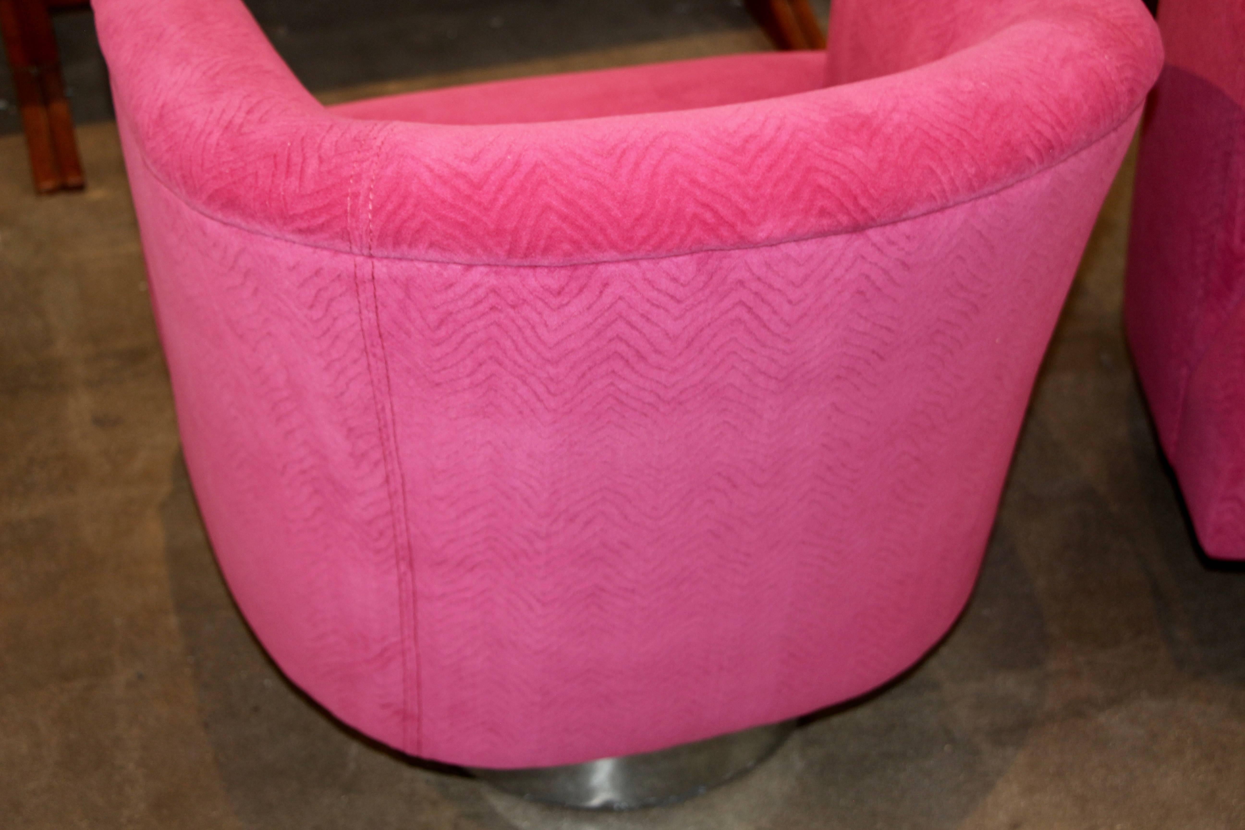 American Fuschia Wool Velvet Swivel Chairs with Steel Bases
