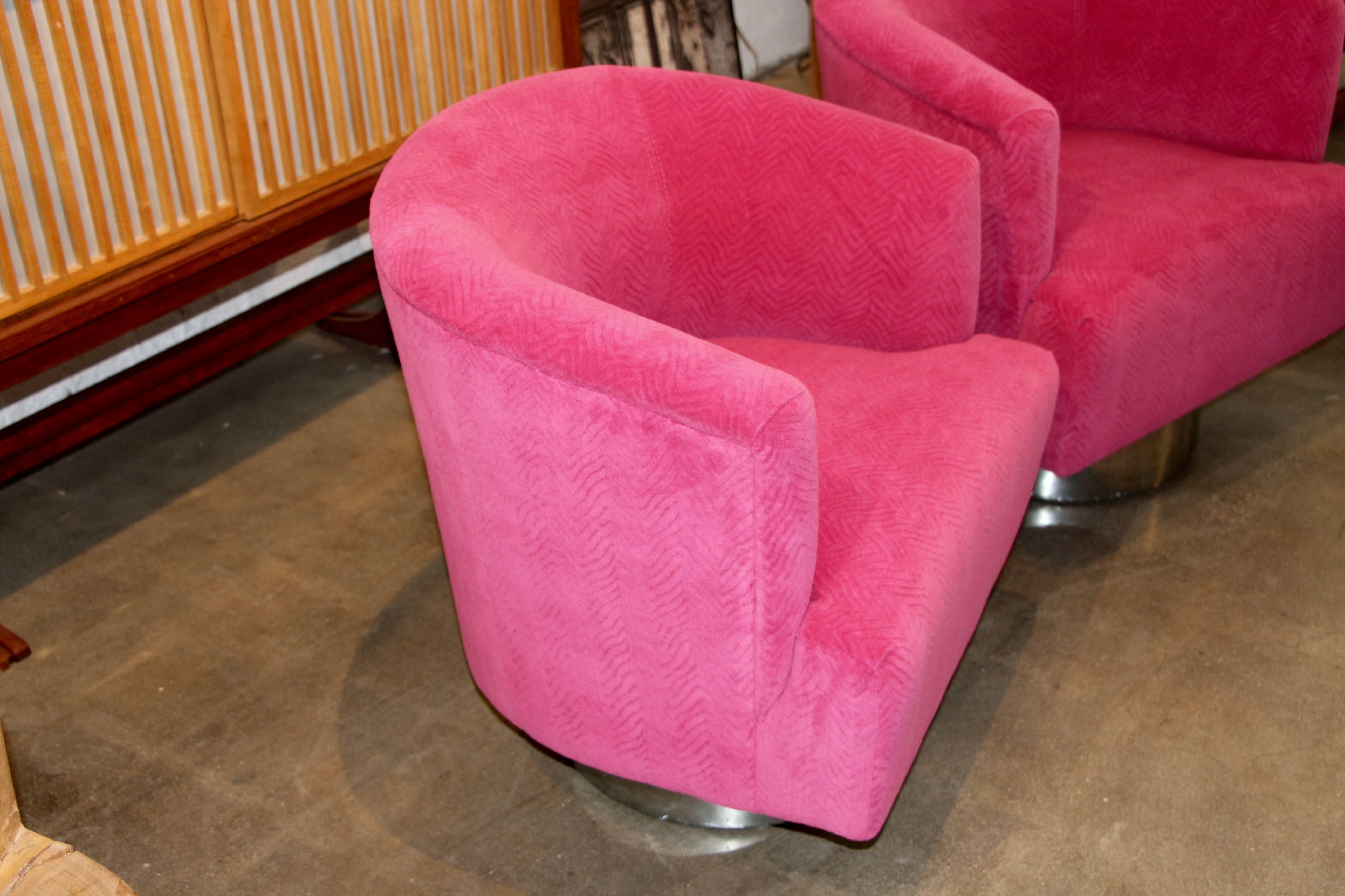 Fuschia Wool Velvet Swivel Chairs with Steel Bases In Good Condition In Palm Springs, CA