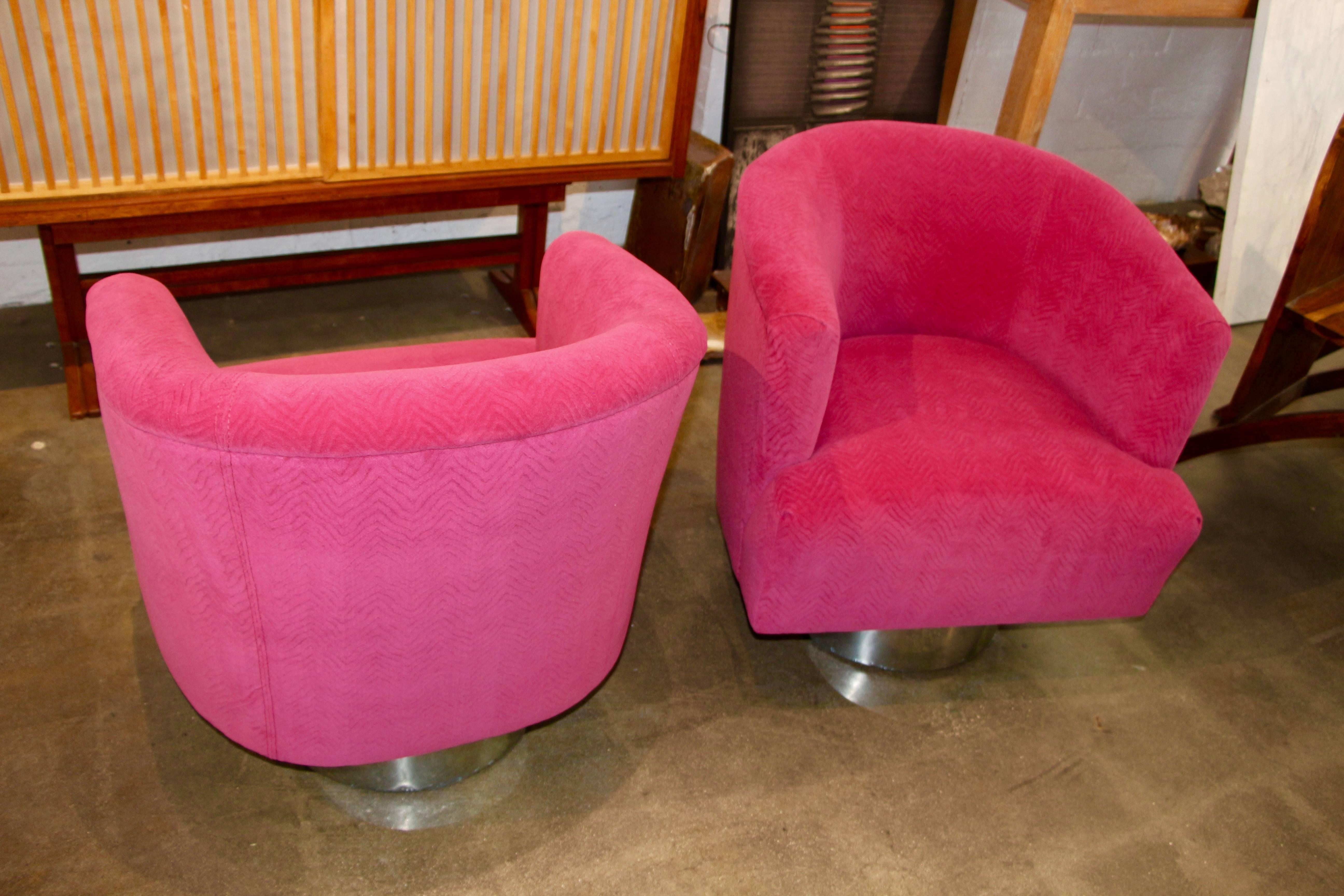 20th Century Fuschia Wool Velvet Swivel Chairs with Steel Bases