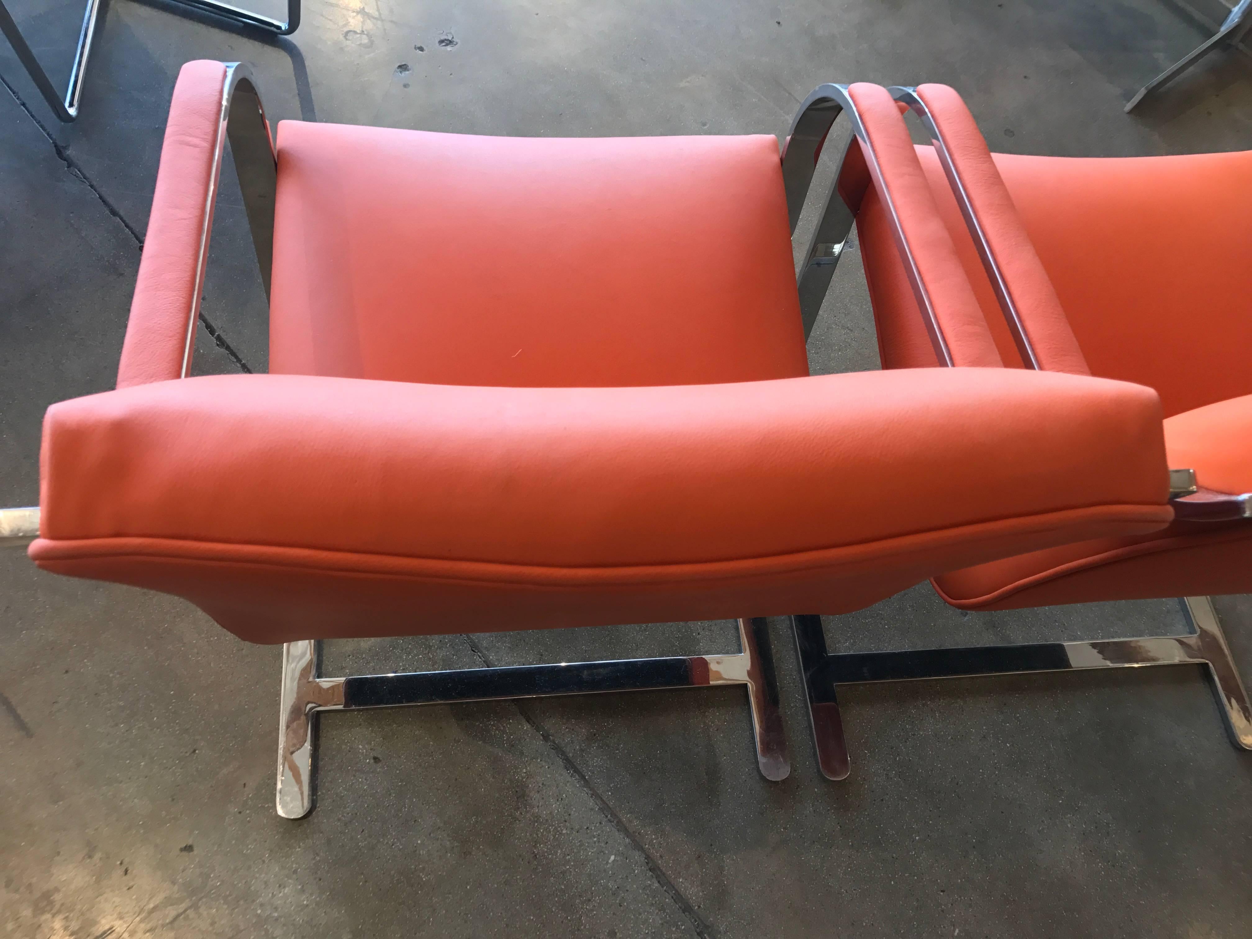 Pair of 1970s Brueton Stainless Steel Chairs Redone in Hermes Toned Leather In Good Condition In Palm Springs, CA