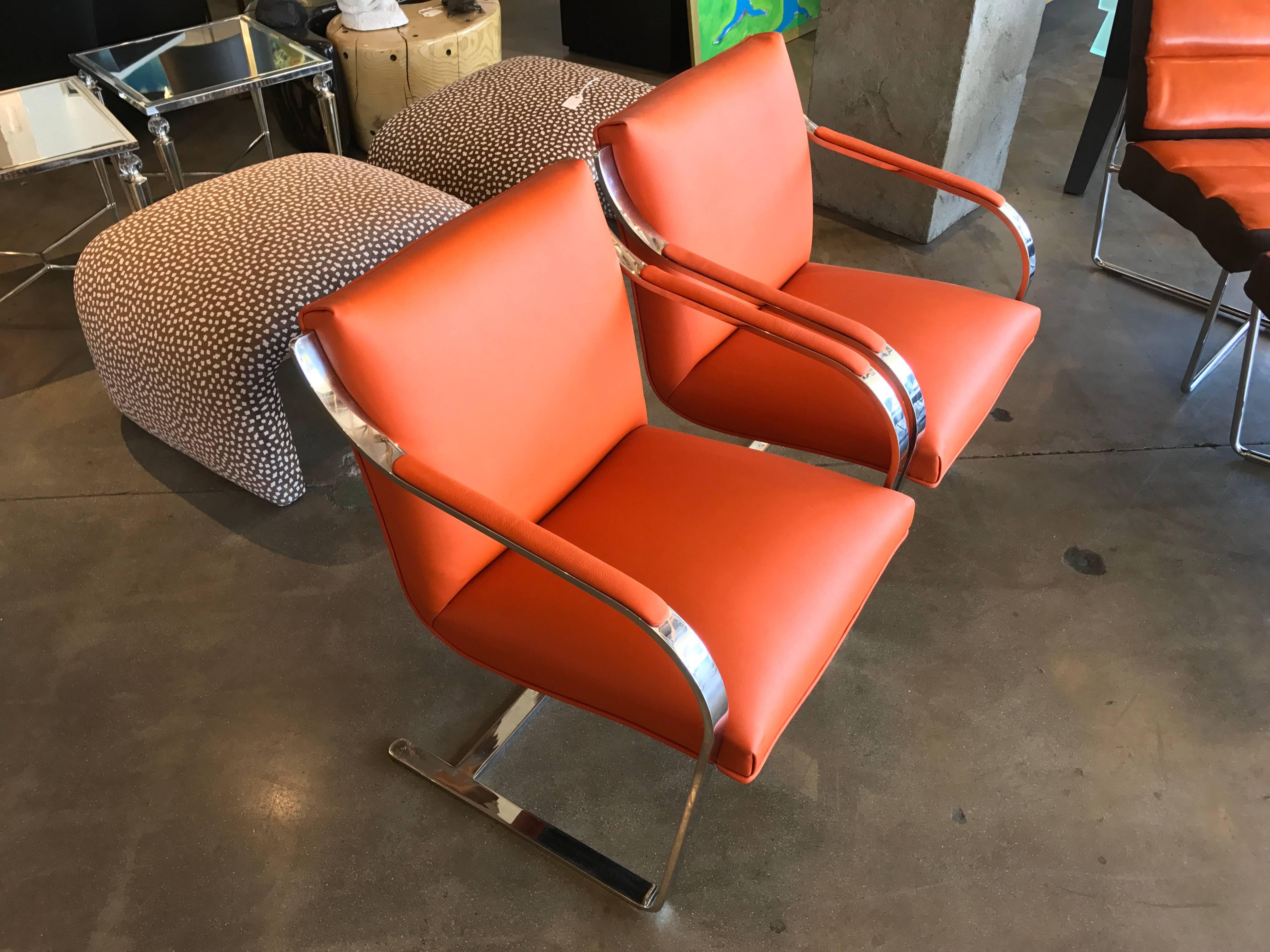 Pair of 1970s Brueton Stainless Steel Chairs Redone in Hermes Toned Leather 2