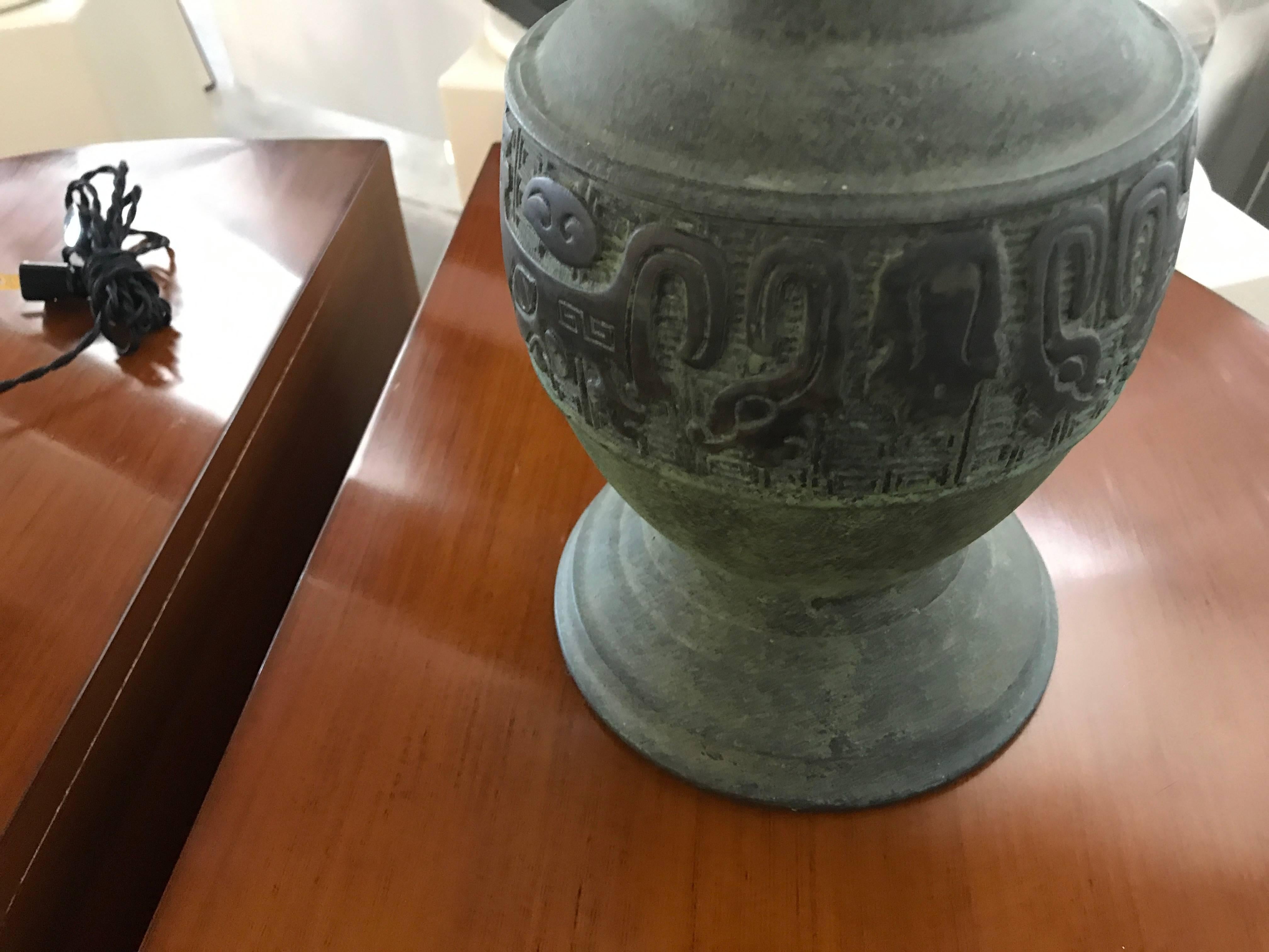 20th Century Pair of Chinese Motif Metal Lamps with Great Patination