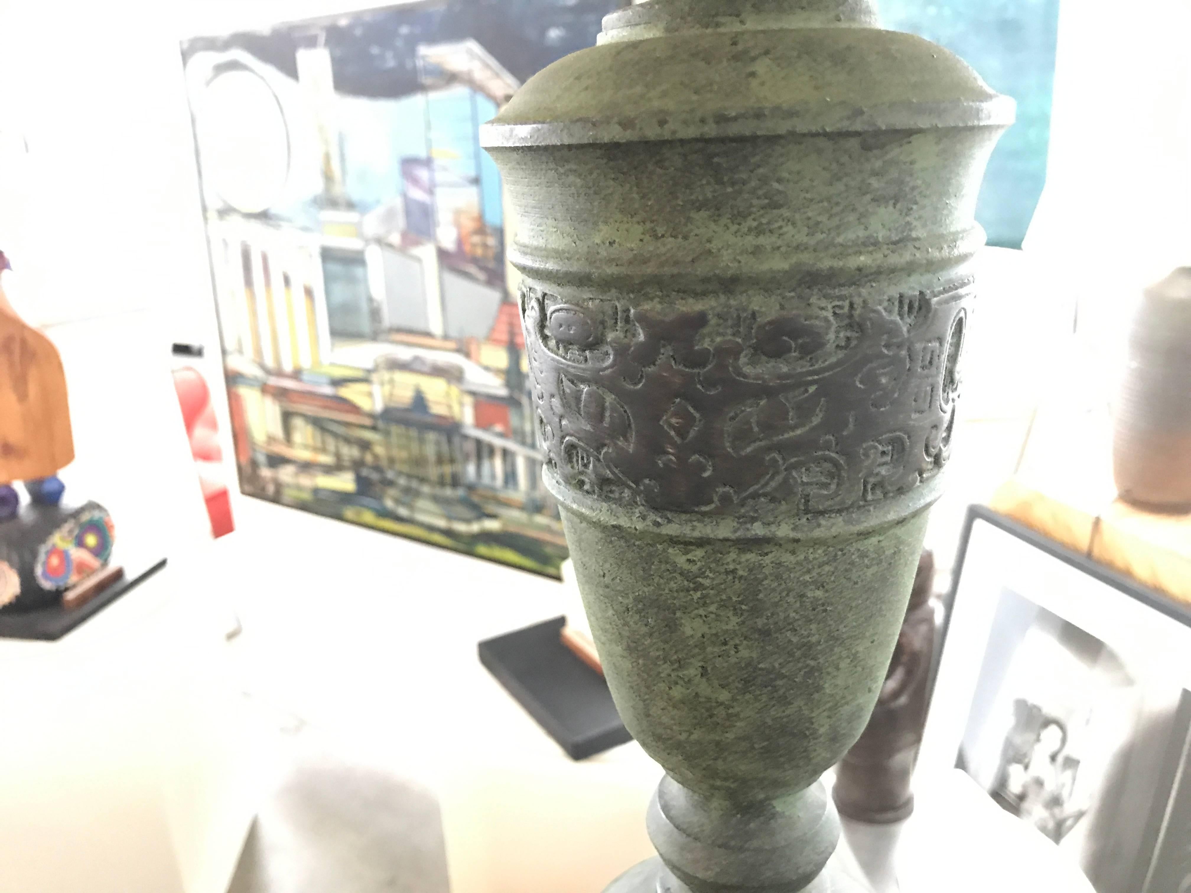 Pair of Chinese Motif Metal Lamps with Great Patination 1