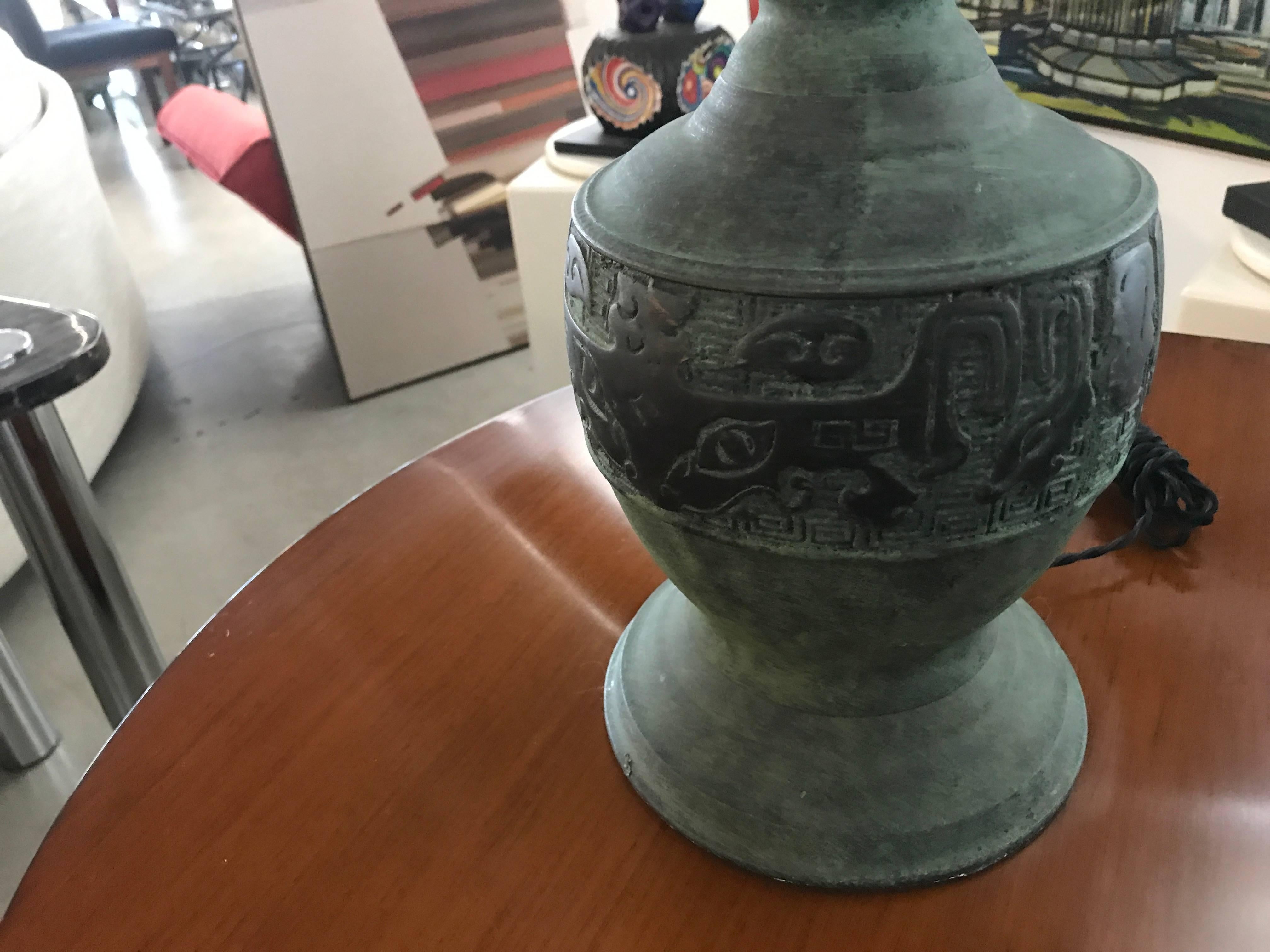 Pair of Chinese Motif Metal Lamps with Great Patination 4