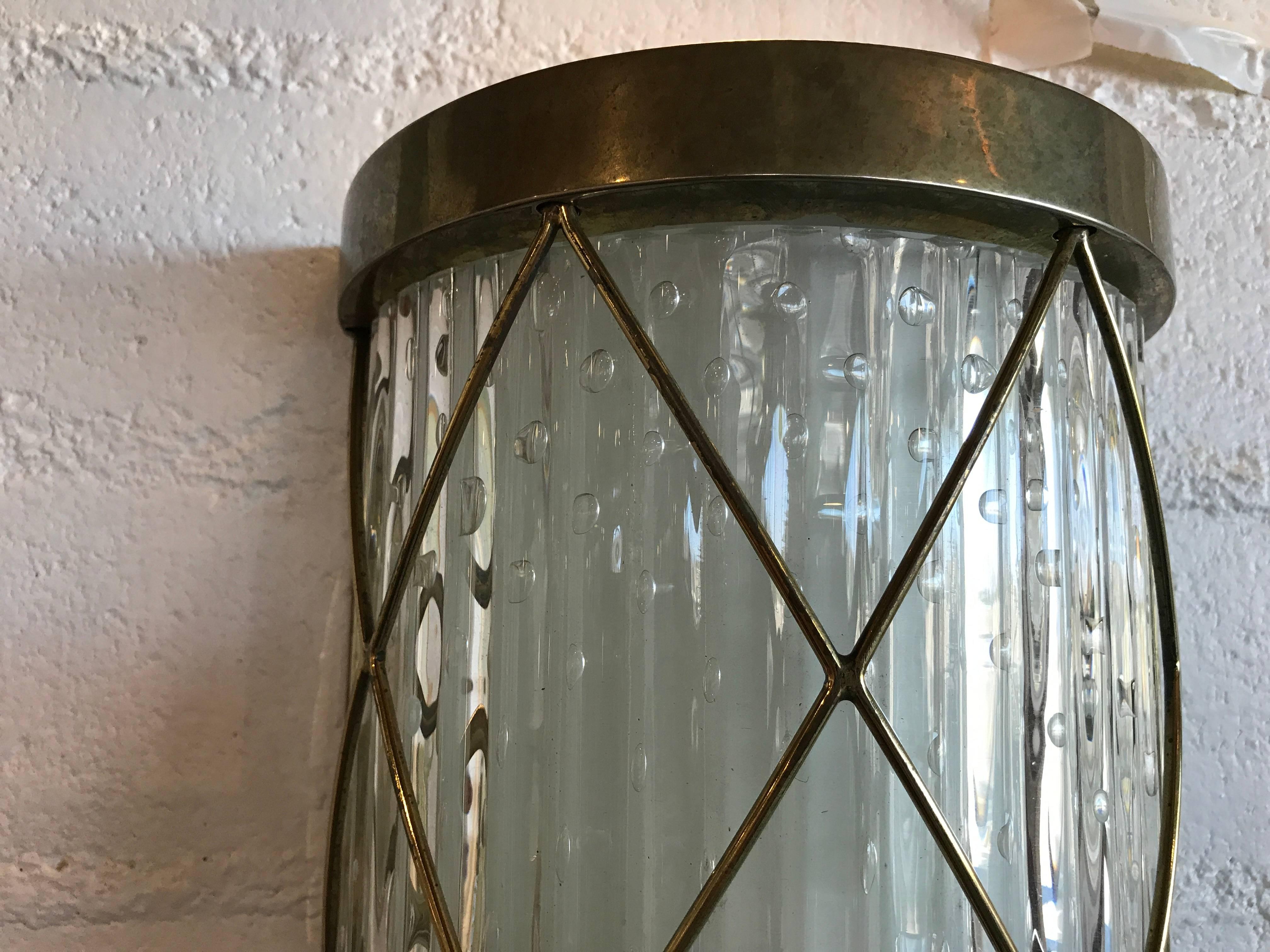 Beautiful Pair of Wall-Mounted Brass and Glass Sconces In Good Condition In Palm Springs, CA
