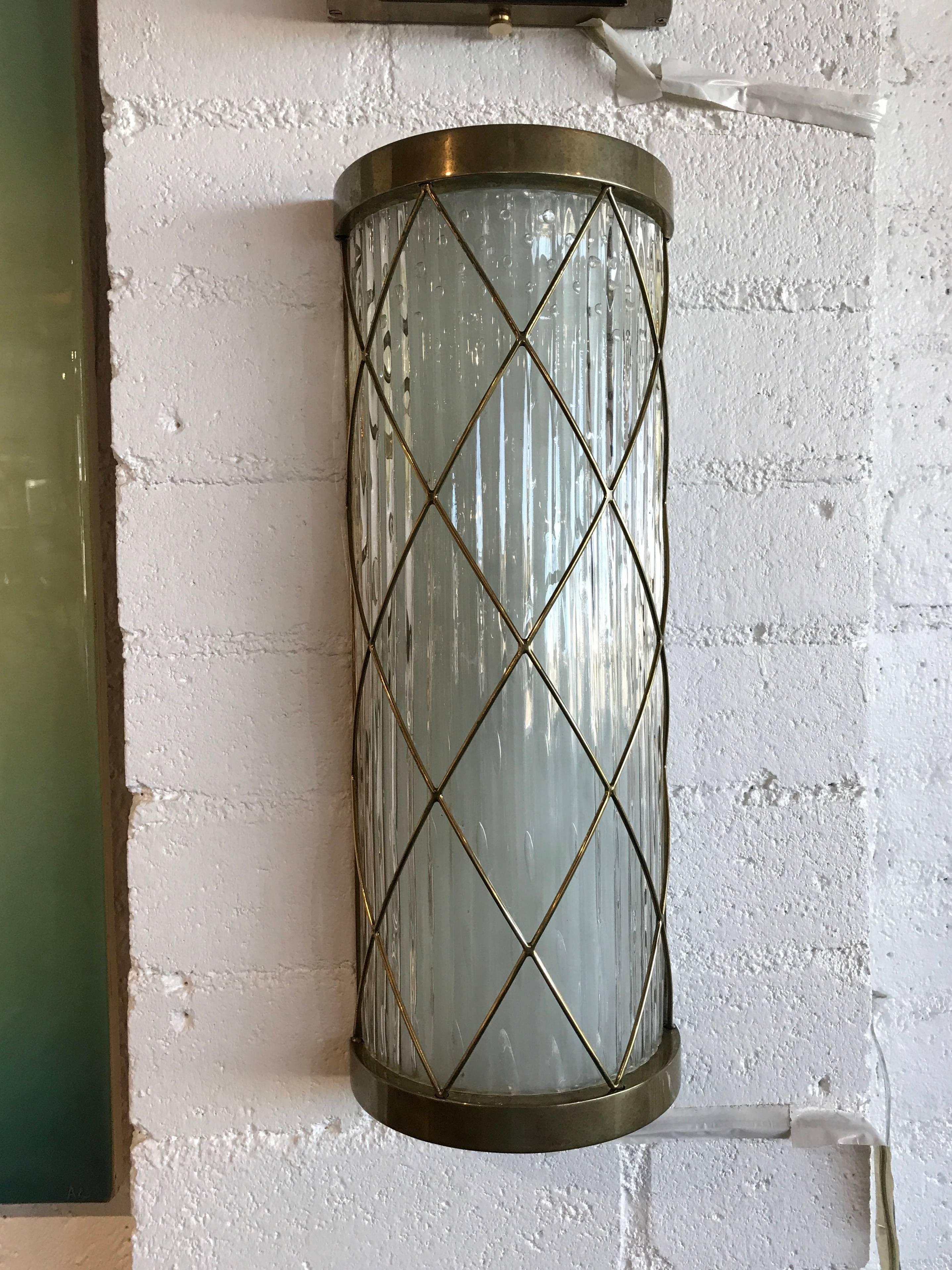 Beautiful Pair of Wall-Mounted Brass and Glass Sconces 1