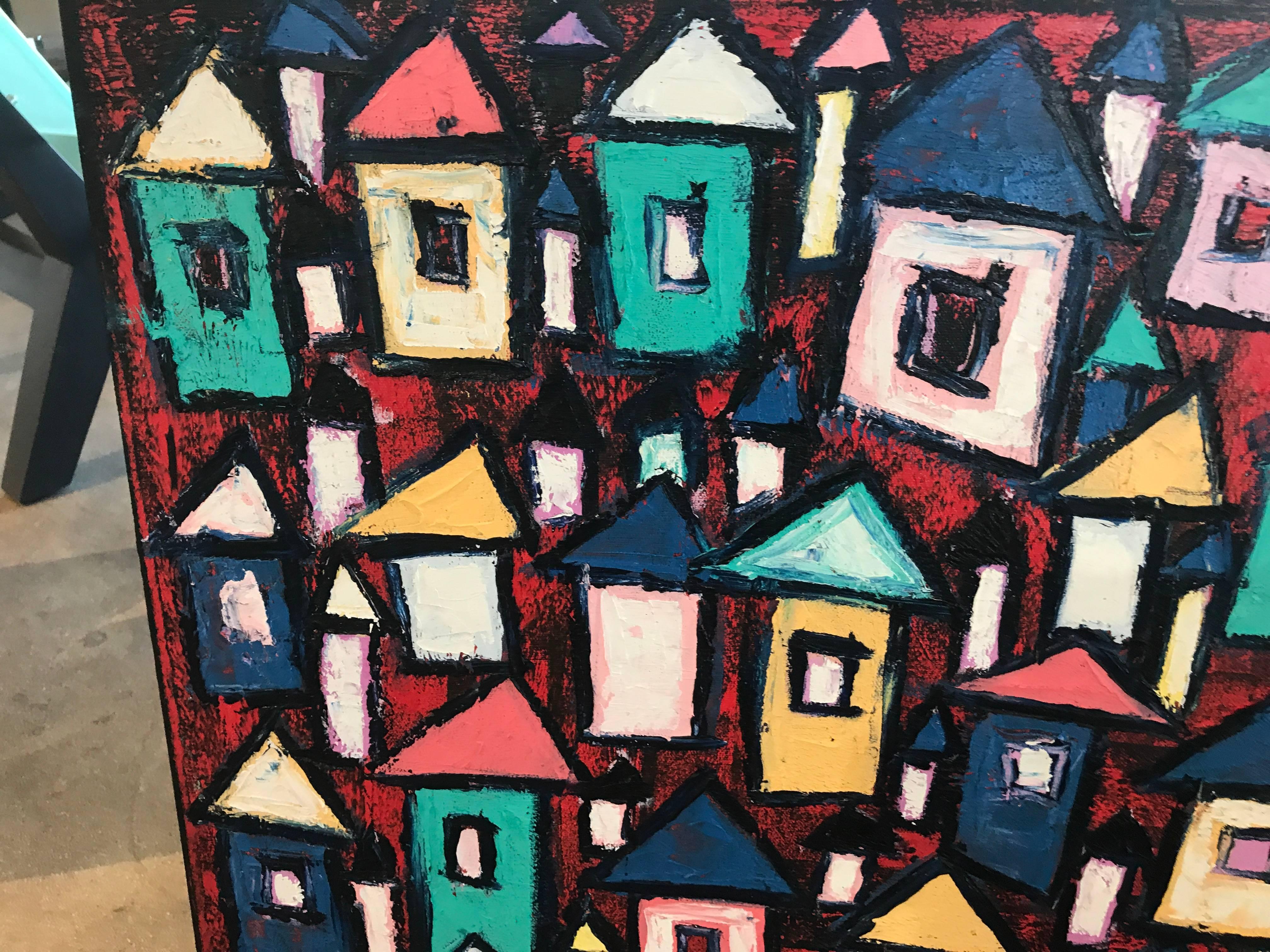 Rahmon Olugunna is a noted Nigerian artist. This painting is titled dark village and is vibrant and colorful.
A brief statement follows:
Rahmon Olugunna’s work is said to ‘evoke the fertile artistic landscape of Oshogbo’s cultural heritage and