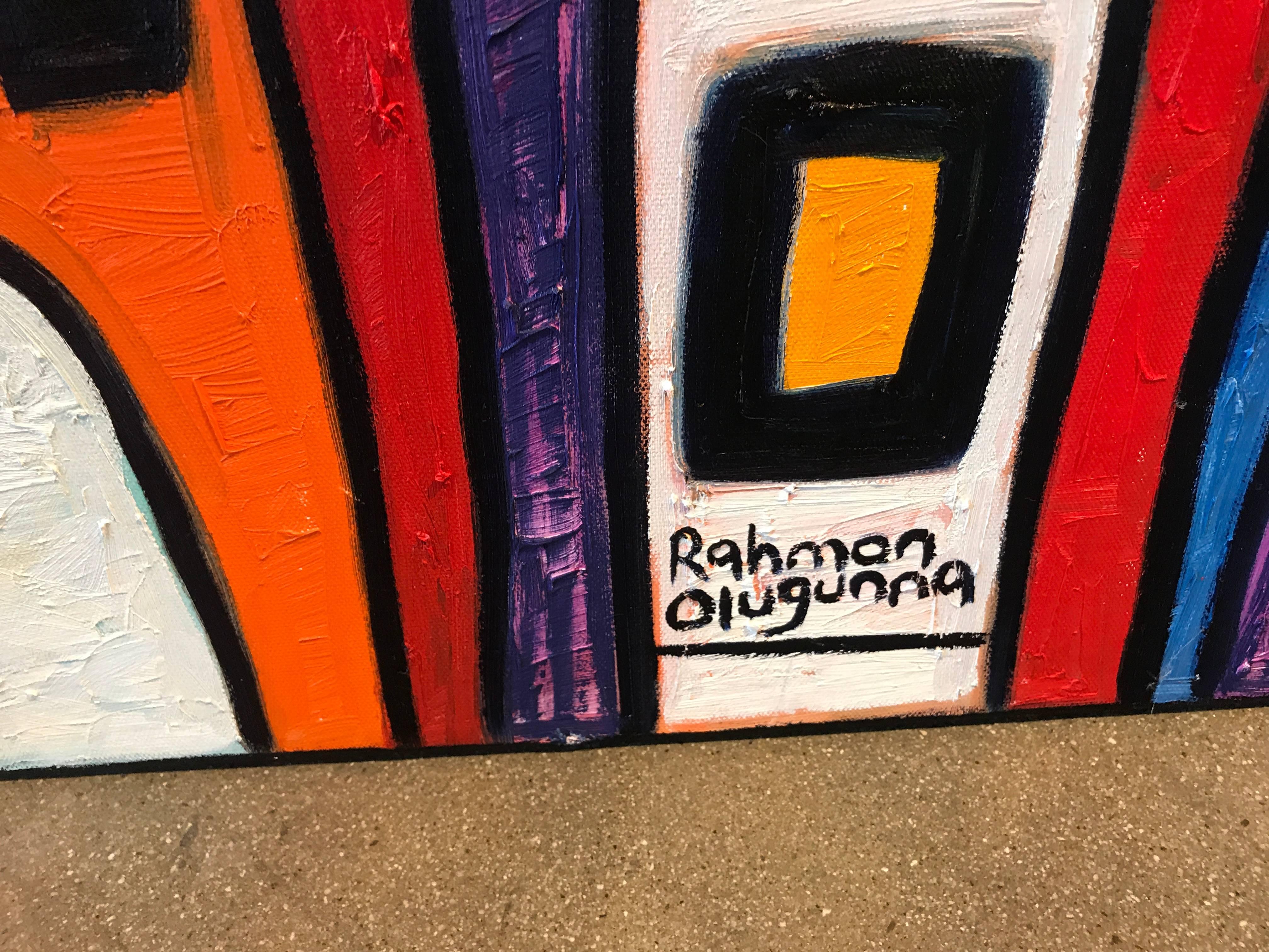 Rahmon Olugunna is a noted Nigerian artist. This painting is titled Village and is vibrant and colorful.
A brief statement follows:
Rahmon Olugunna’s work is said to ‘evoke the fertile artistic landscape of Oshogbo’s cultural heritage and artistic