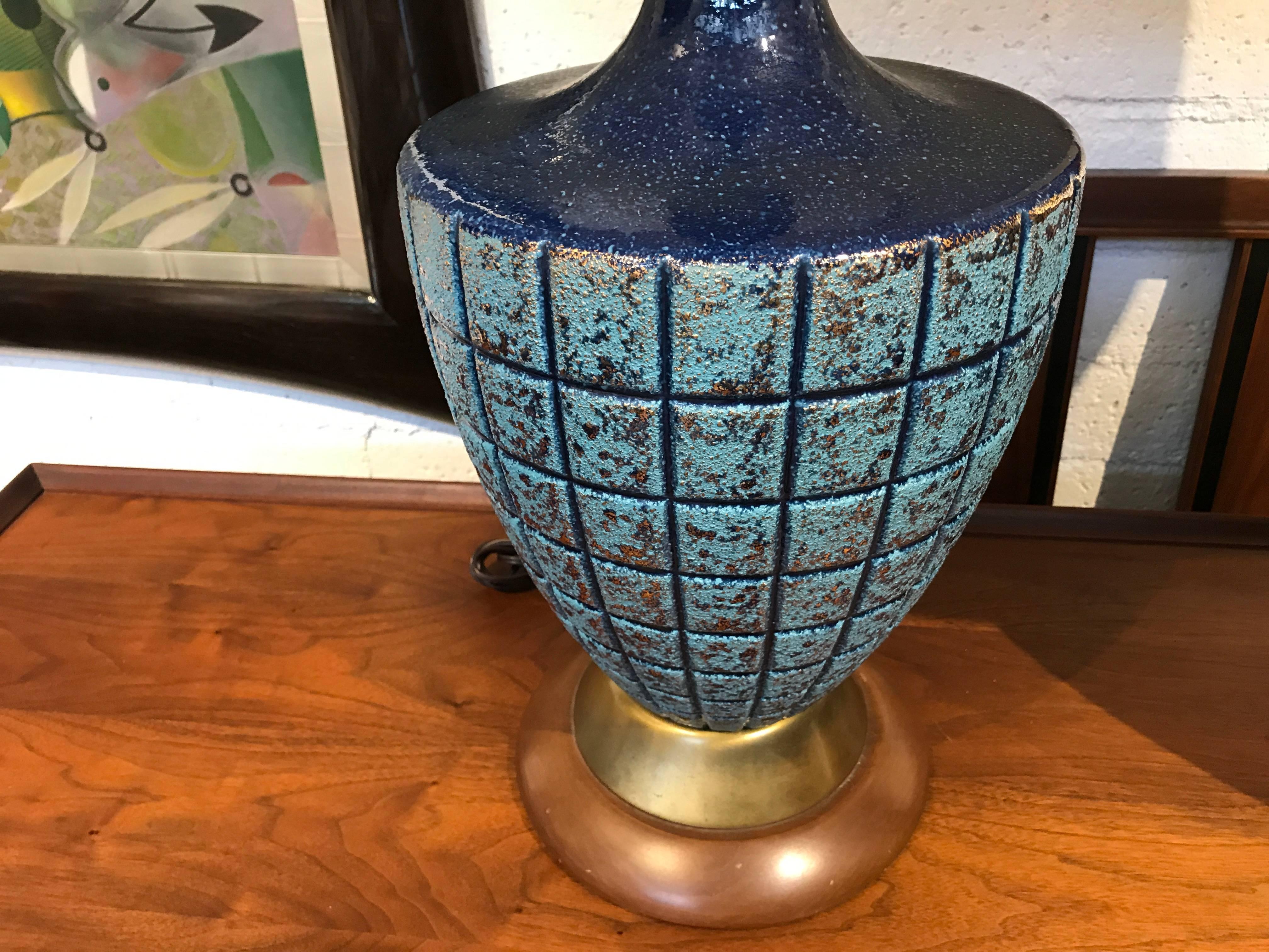 American Vintage Blue Ceramic Lamps with Their Original Shades 