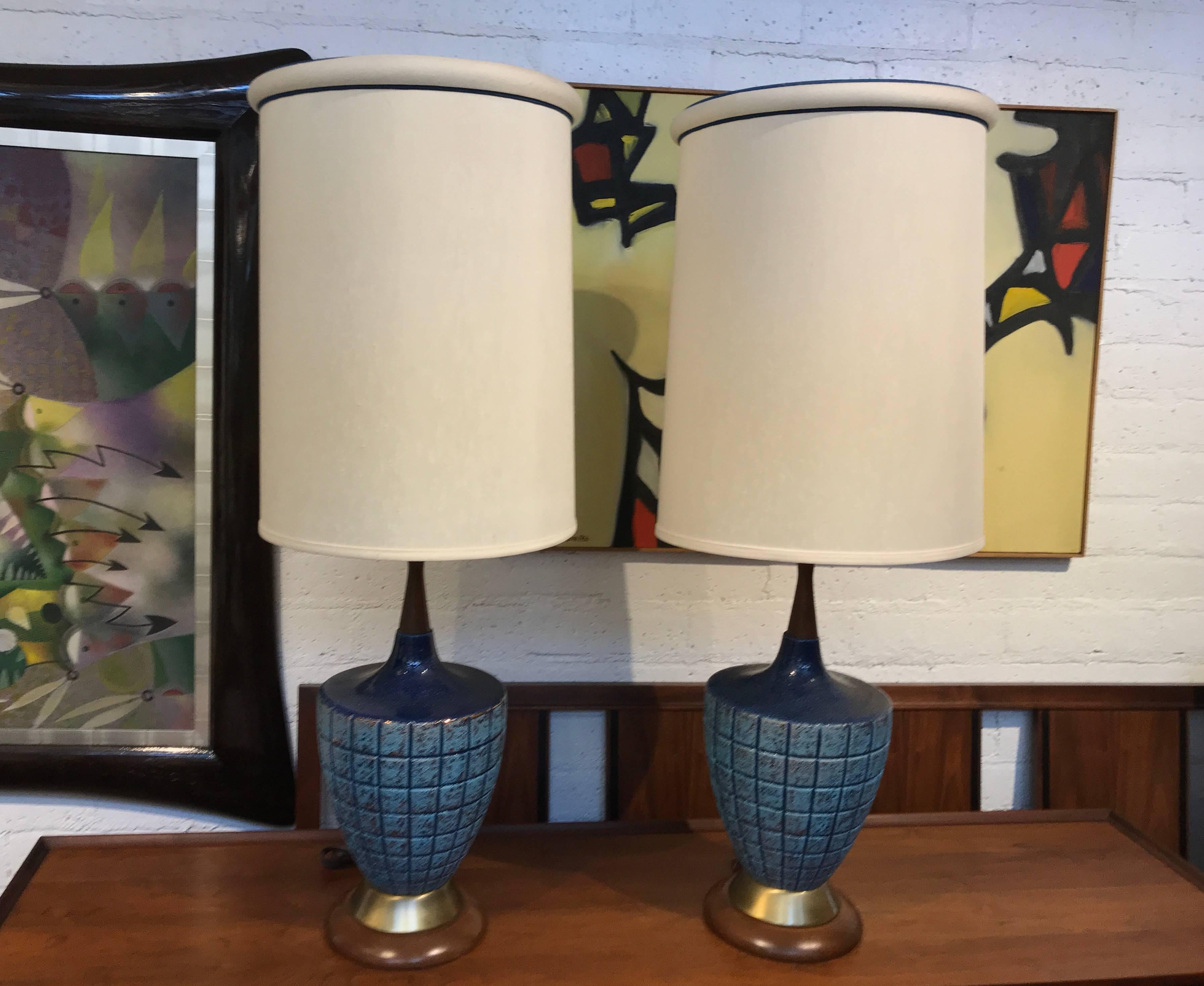 Vintage Blue Ceramic Lamps with Their Original Shades  1