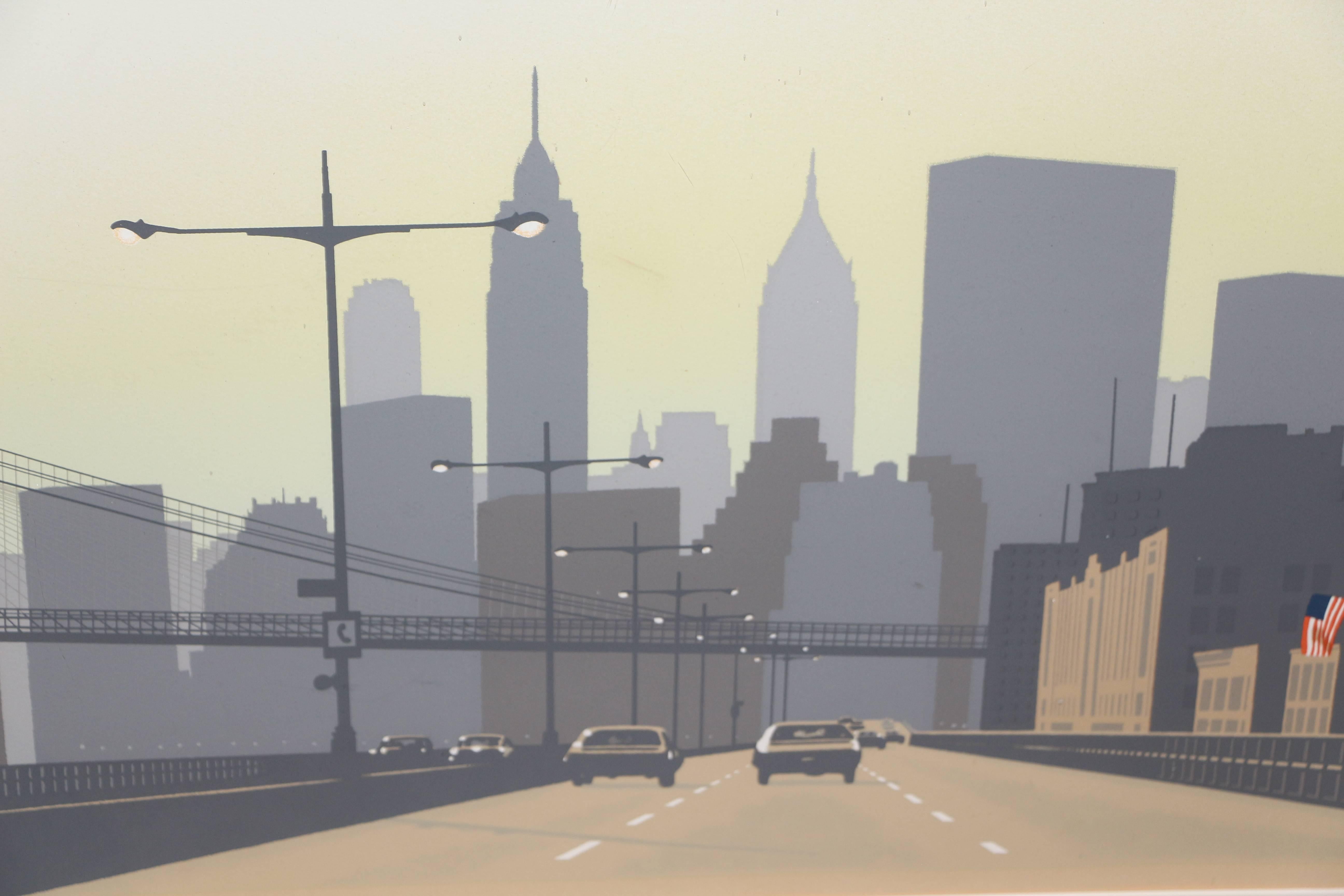 A nice serigraph by the noted New York artist Howard Kanovitz (1929-2009). it is from the early 1970s and features the skyline of New York City and is probably the East Side Drive. It is framed in the original frame and under acrylic. The matte