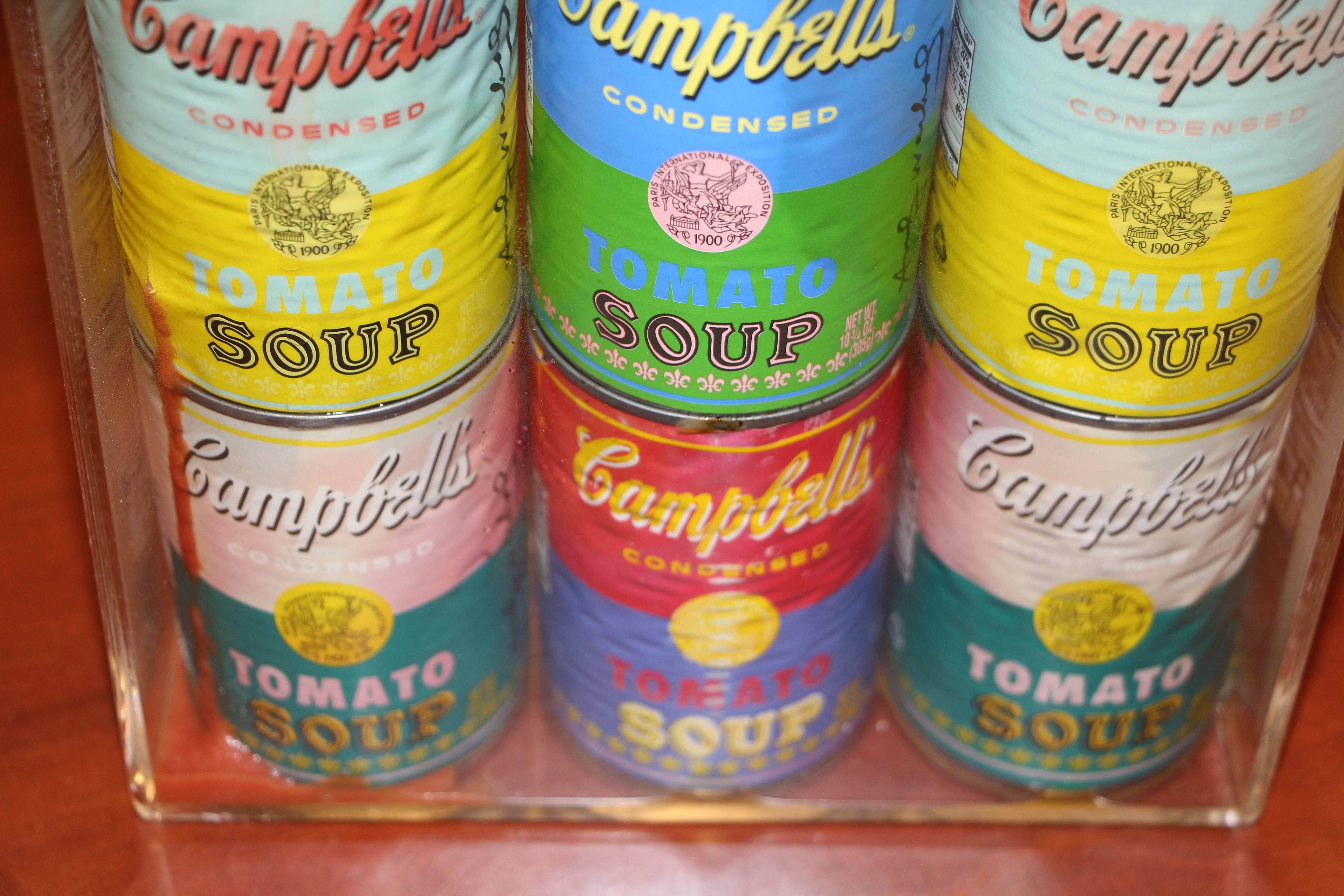 12 Andy Warhol Campbell Soup Cans in a Lucite Box In Fair Condition In Palm Springs, CA
