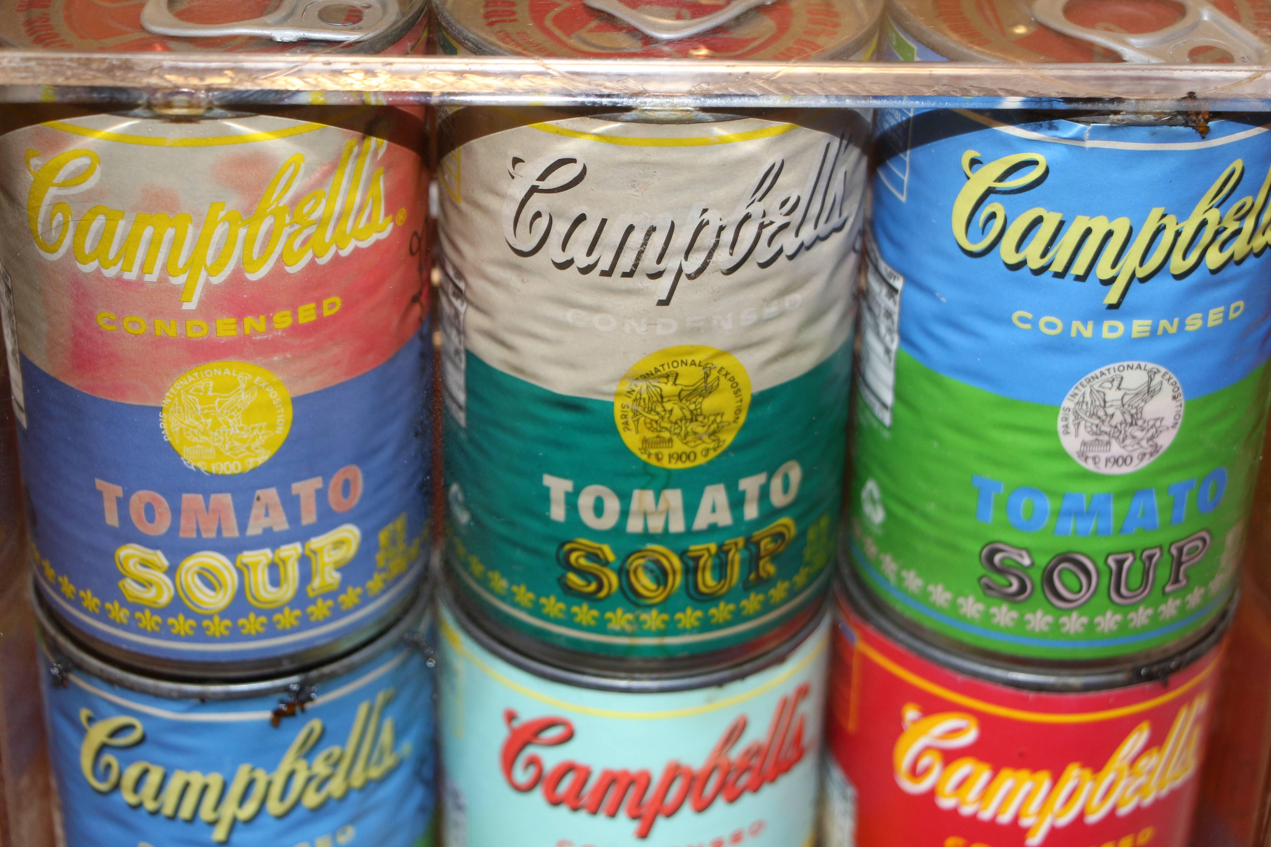A nice and interesting collection of tomato soup cans by Campbell in honour of Andy Warhol's 50th anniversary of his original soup can. They have been mounted in a Lucite hanging display case. They were made in 2012 for target i believe.