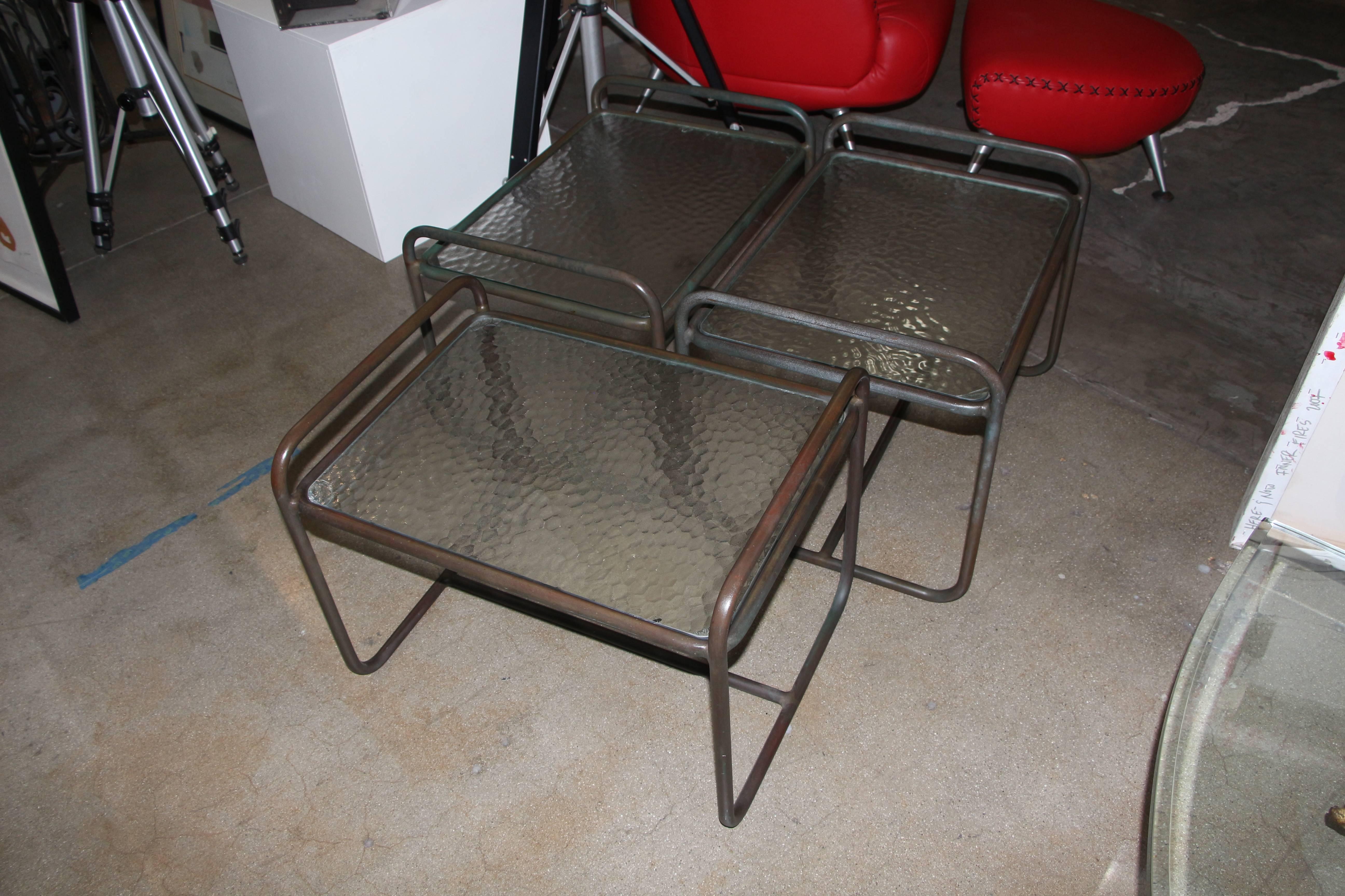 Three Tubular Bronze and Glass Side Table by Walter Lamb for Brown Jordan 1